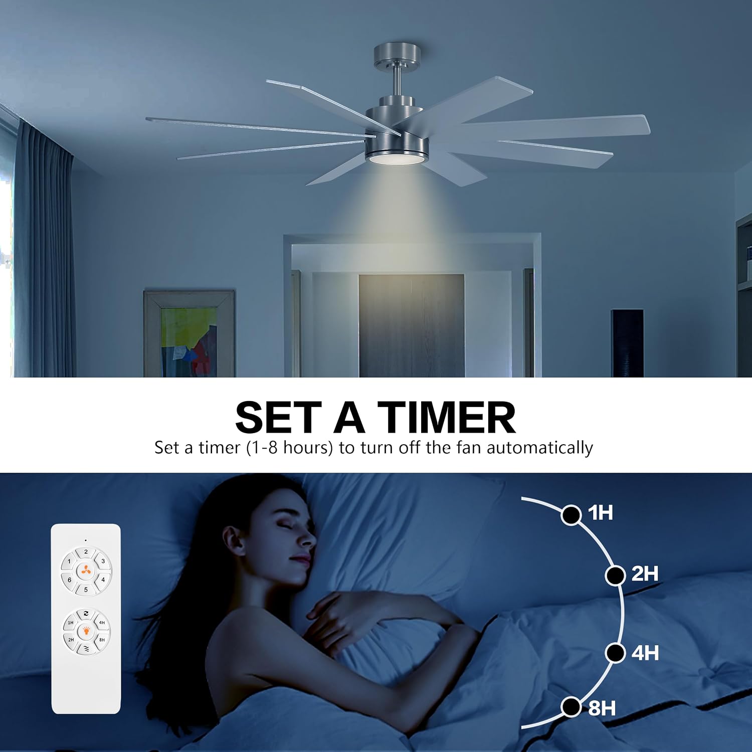 WINGBO 60' Large DC Ceiling Fans with Lights and Remote, 3 Downrods, 8 Plywood Blades, 6-Speeds Reversible DC Motor, 3CCT, Indoor Ceiling Fan for Bedroom Living Room Patio, Brushed Nickel and Silver