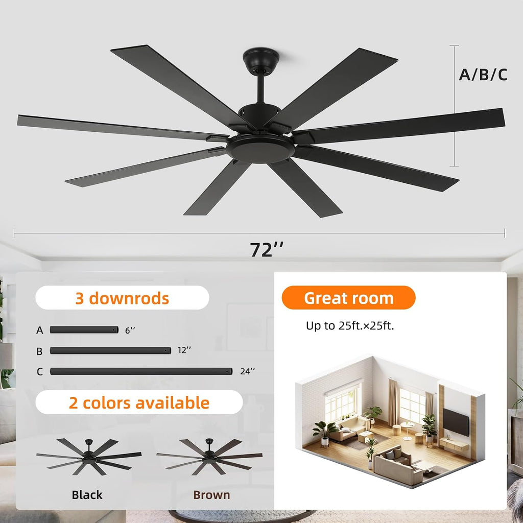 72 Inch Ceiling Fan no Light, Black Ceiling Fan with Remote, 6-Speeds, Quiet Reversible DC Motor, Industrial Ceiling Fans without Lights for Patios, Living Room, Garage