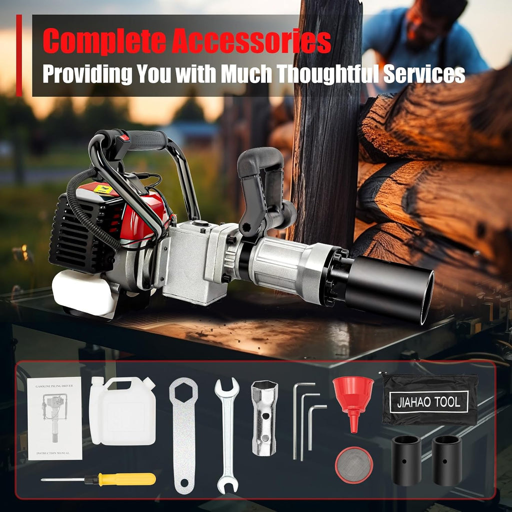 32.6CC 2 Stroke Gas Powered T-Post Driver, 0.9KW Gas Post Pounder Pile Driver, Single Cylinder Air Cooled Fence Post Driver Hammer with Hand Pull Start & 0.23 Gal Fuel Tank for Gardening Road Fencing