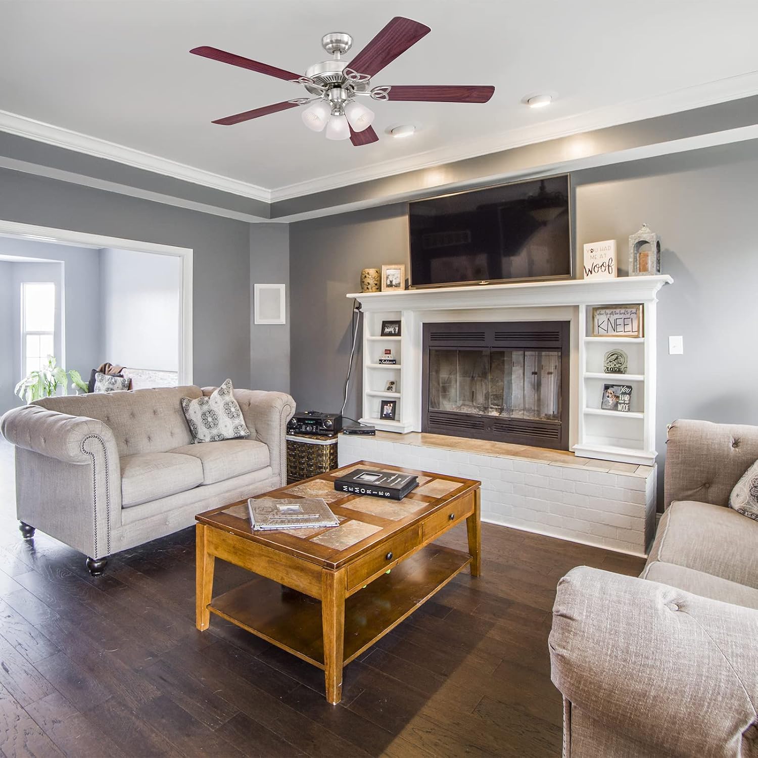 Ciata Lighting 52 Inch Vintage Indoor Ceiling Fan with Dimmable LED Light Fixture and Frosted Ribbed Glass in Brushed Nickel Finish with Reversible Rosewood/Light Maple Blades