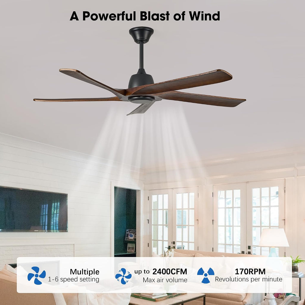 60 Inch Solid Wood Ceiling Fan No Lights, Remote and APP Control, DC Motor, 6-speed Reversible, Outdoor Ceiling Fans for Bedroom, Living Room, Office, Dark Walnut