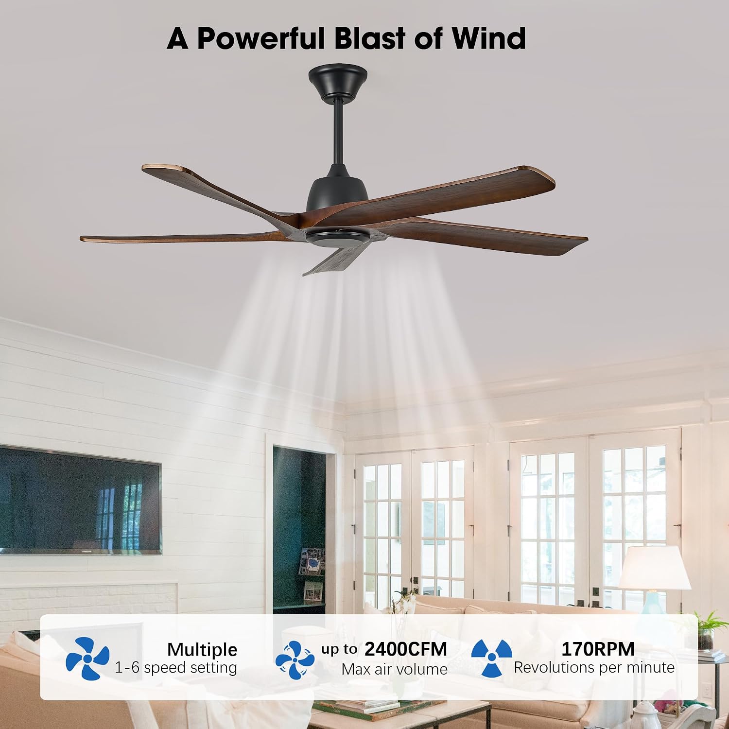 60 Inch Solid Wood Ceiling Fan No Lights, Remote and APP Control, DC Motor, 6-speed Reversible, Outdoor Ceiling Fans for Bedroom, Living Room, Office, Dark Walnut