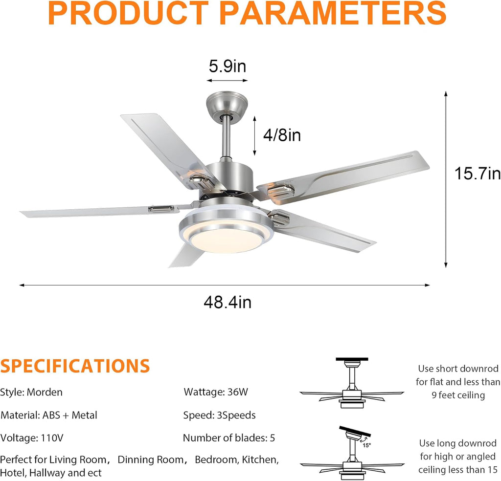 Modern Ceiling Fans with Lights Remote, 48'' Outdoor Ceiling Fan with Dimmable 3 Light Colors 3 Speed Reversible DC Motor, 5 Stainless Steel Blades Fandelier for Patio Porch Living Room