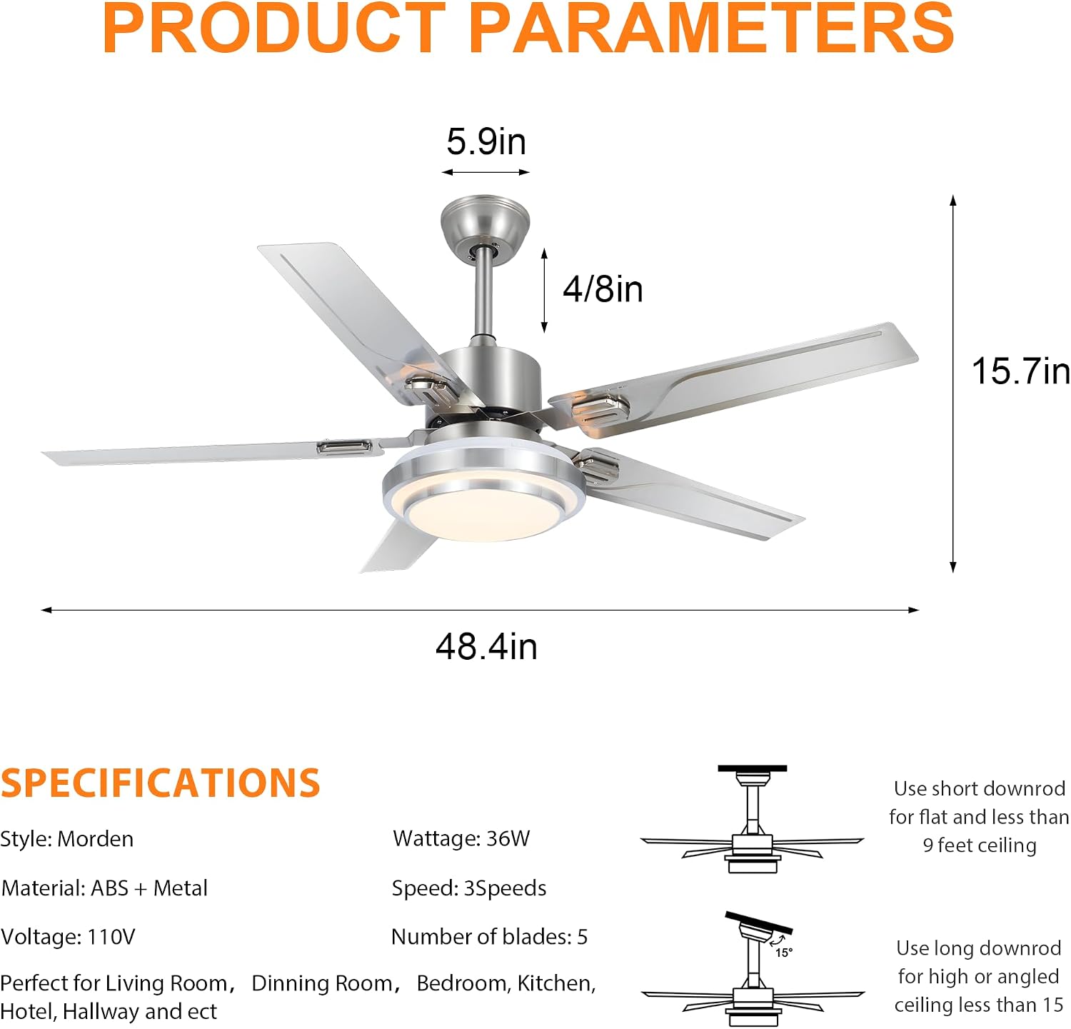 Modern Ceiling Fans with Lights Remote, 48'' Outdoor Ceiling Fan with Dimmable 3 Light Colors 3 Speed Reversible DC Motor, 5 Stainless Steel Blades Fandelier for Patio Porch Living Room