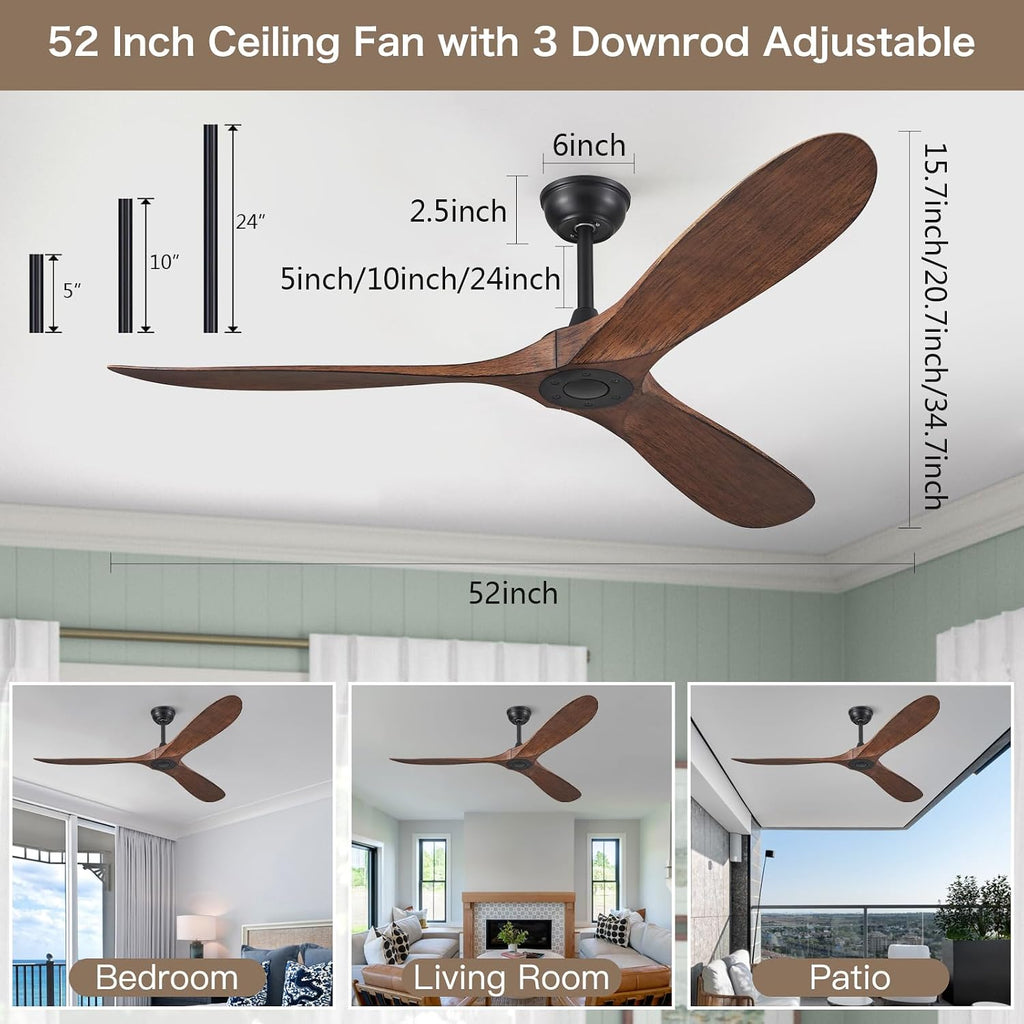 52'' Outdoor Ceiling Fan No Light,Ceiling Fan with Remote Control,3 Plastic Dark Walnut Blades,DC Reversible Quiet Motor for Patio,Living Room, Bedroom