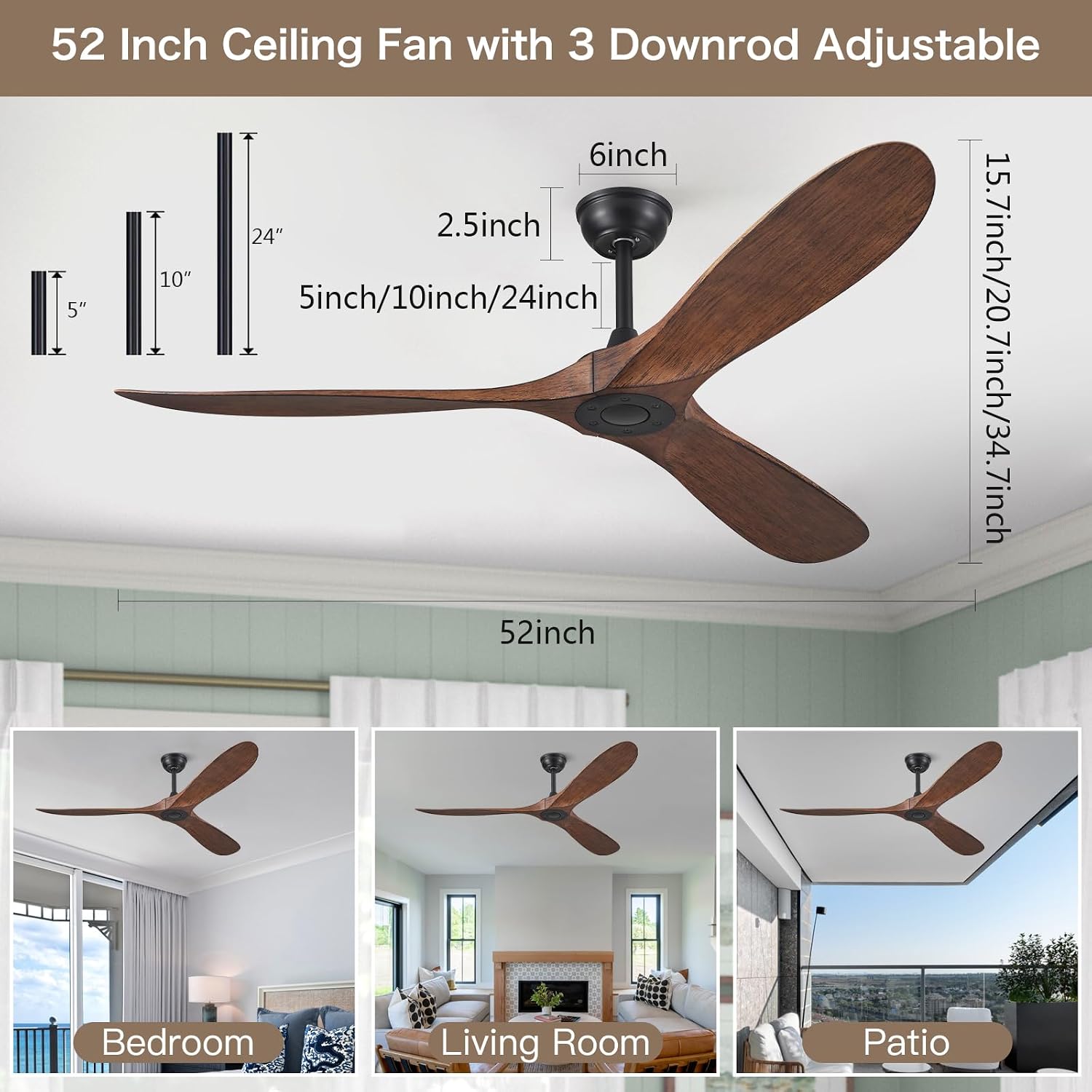 52'' Outdoor Ceiling Fan No Light,Ceiling Fan with Remote Control,3 Plastic Dark Walnut Blades,DC Reversible Quiet Motor for Patio,Living Room, Bedroom