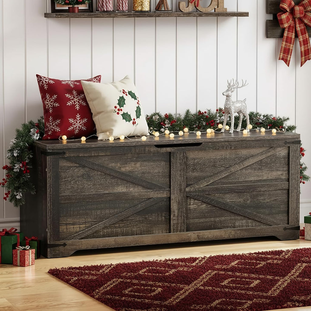 DWVO Storage Bench, 47.2' Farmhouse Storage Chest with 2 Safety Hinges, Wooden Storage Organizer, Shoe Bench for Entryway, Bedroom, Living Room, Dark Rustic Oak