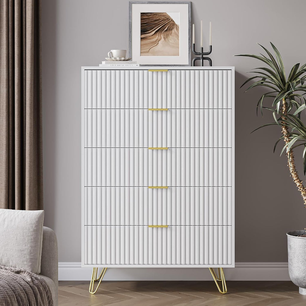 MAISONARIA 5 Drawers Dresser for Bedroom, 47' Tall Modern Chest of Drawers with Gold Handle, Fluted Wood Dresser for Bedroom, Living Room, Hallway, Entryway, White