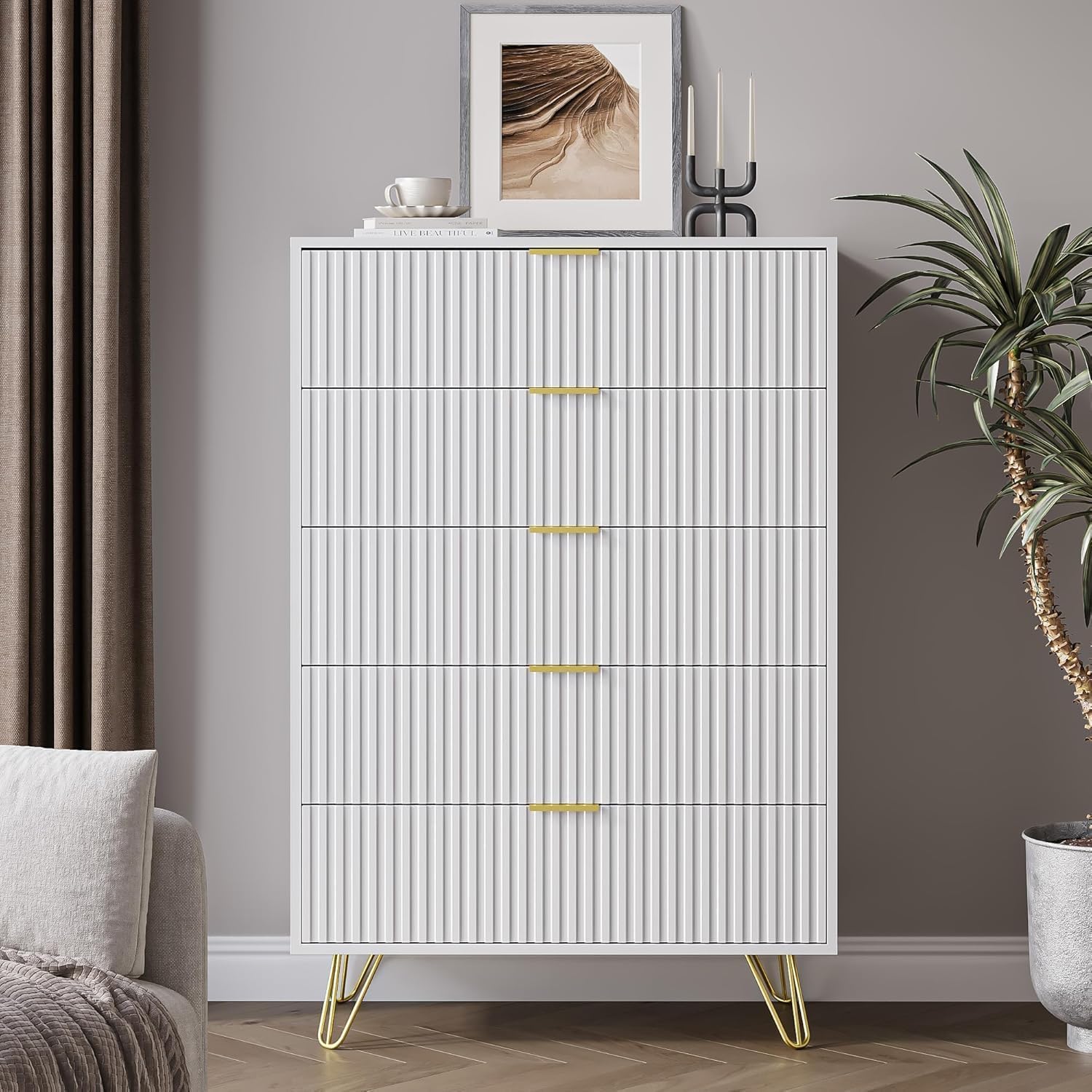 MAISONARIA 5 Drawers Dresser for Bedroom, 47' Tall Modern Chest of Drawers with Gold Handle, Fluted Wood Dresser for Bedroom, Living Room, Hallway, Entryway, White