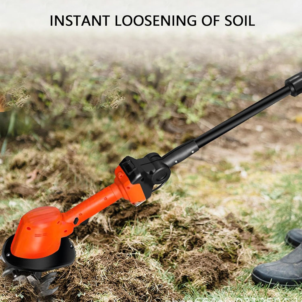 CHICIRIS Cordless Mini Tiller Cultivator, 235RPM Electric with 4 Manganese Steel Blades for Gardening, with 2 x 1.5Ah Batteries 1 Charger, for Soil Weeding Digging in Flower Beds (US Plug)