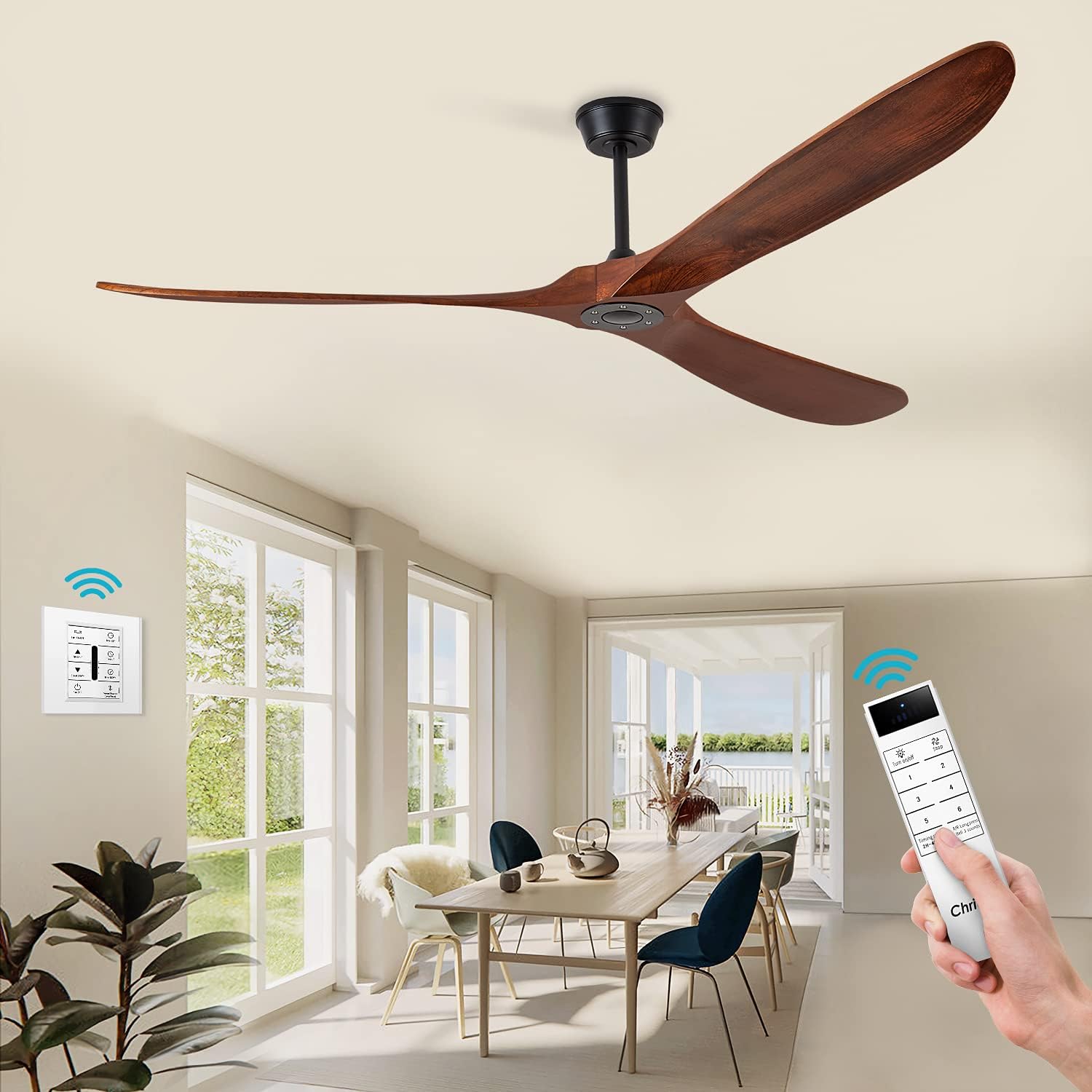 60'' Walnut Ceiling Fan with 3 Wood Blades, 6 Speeds Smart Timing Reversible DC Motor, Modern Black Fan for Indoor/Outdoor Farmhouse/Patios