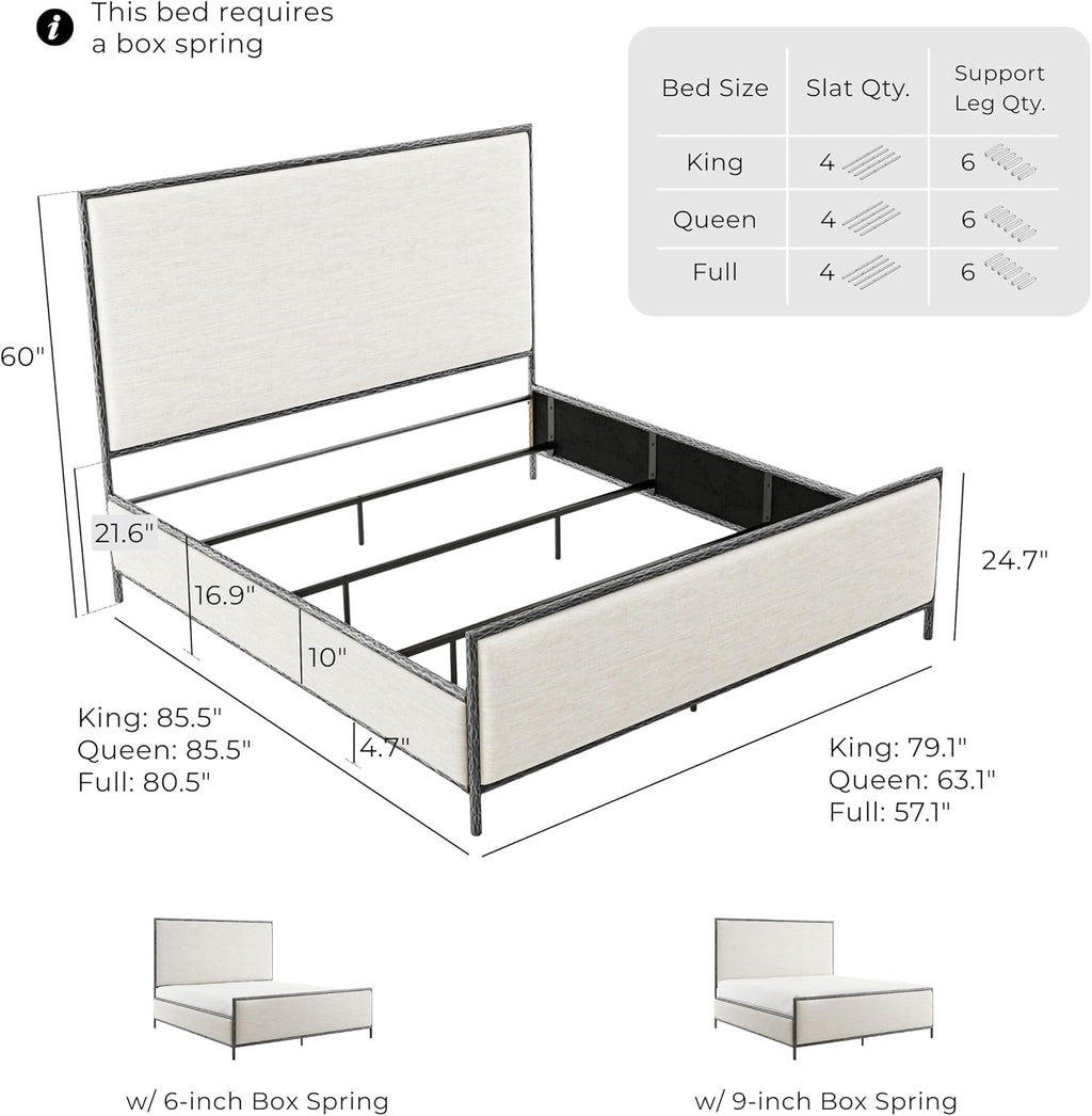 24/7 Shop at Home Lalia Hammered Metal 2-Piece Bedroom Collection, Upholstered Bed Frame with Beige Fabric Headboard, Forged Steel and 1-Shelf Nightstand, Foundation Required, Queen, Matte Grey