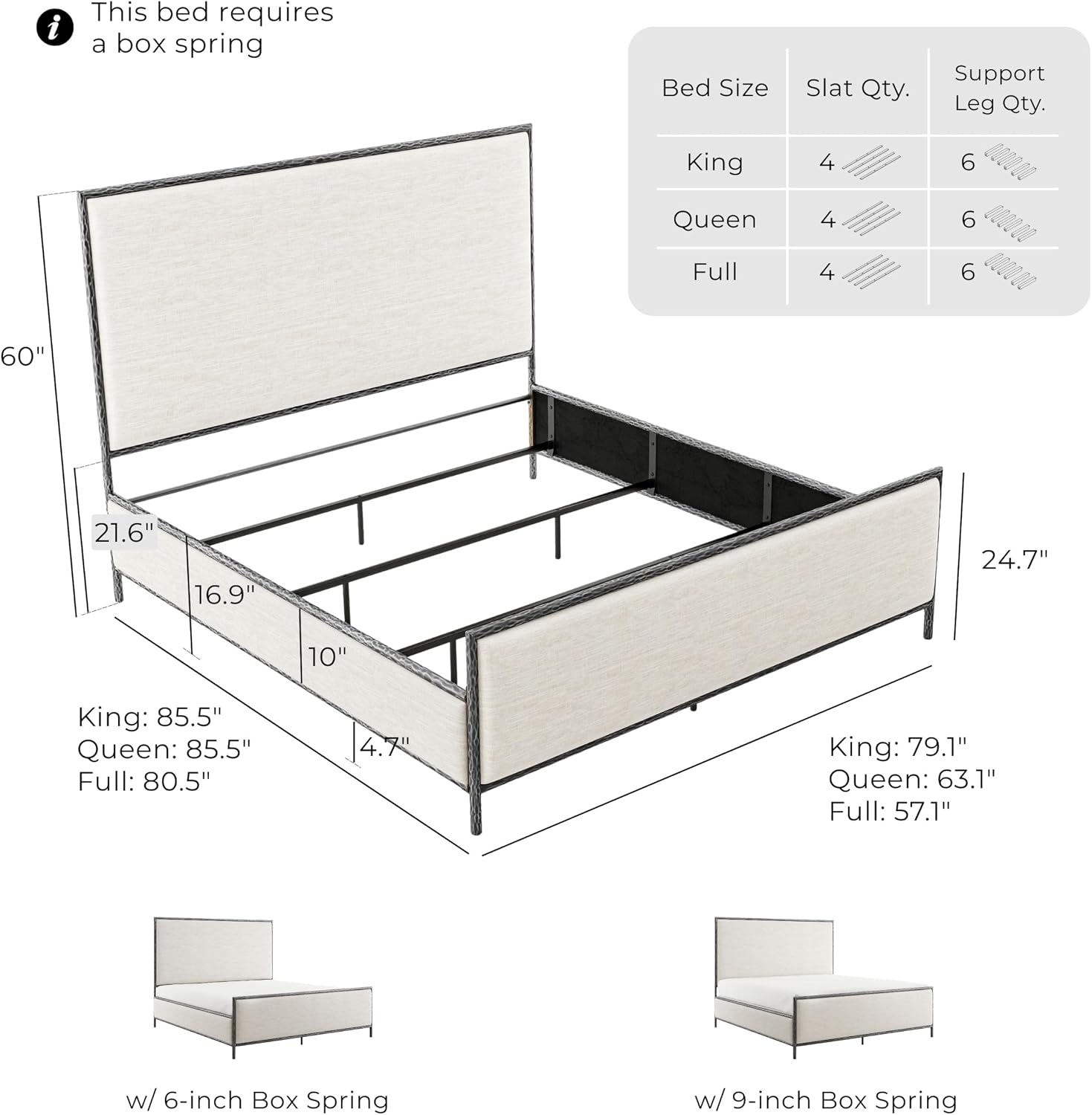 24/7 Shop at Home Lalia Hammered Metal 2-Piece Bedroom Collection, Upholstered Bed Frame with Beige Fabric Headboard, Forged Steel and 1-Shelf Nightstand, Foundation Required, Queen, Matte Grey
