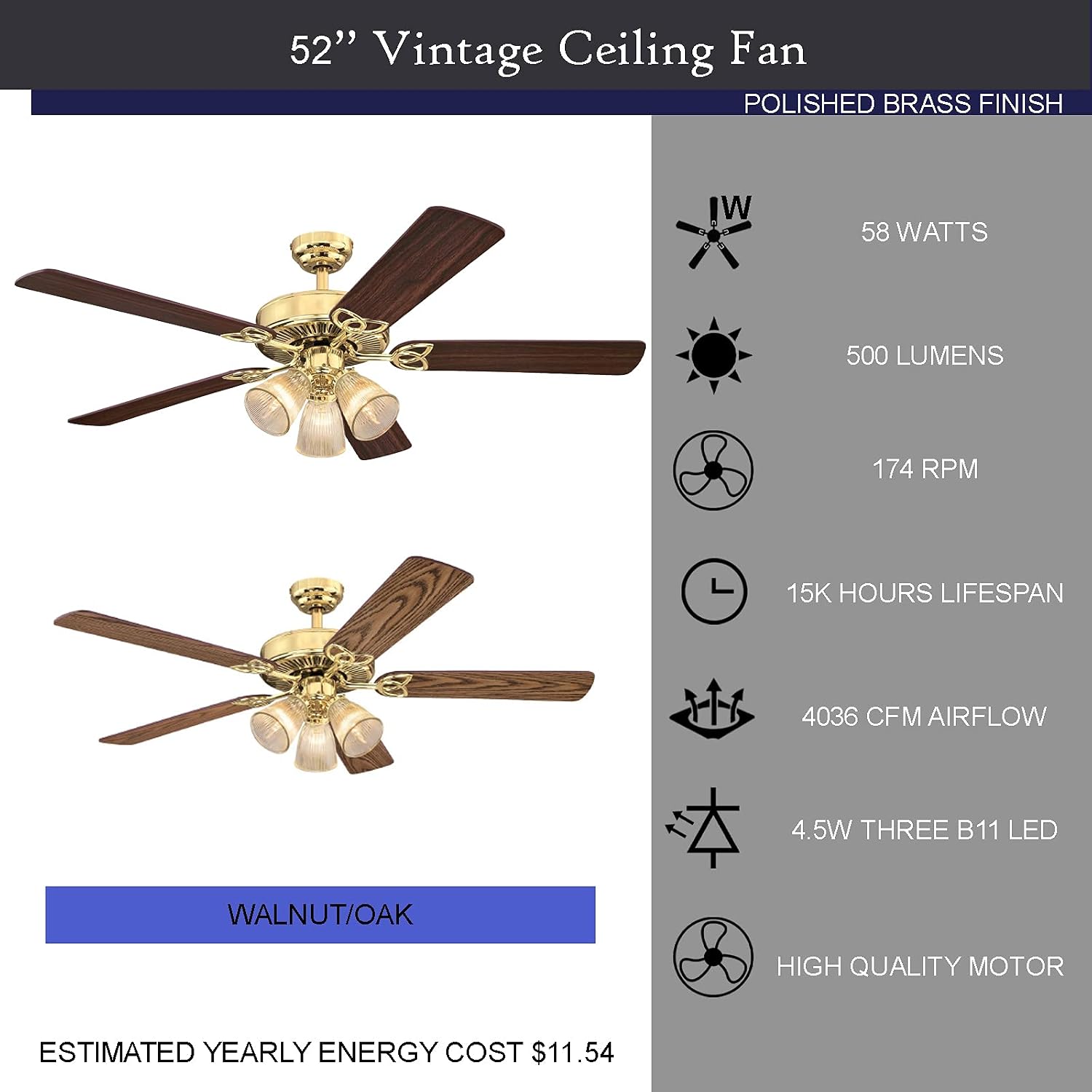 Ciata Lighting 52 Inch Vintage Indoor Ceiling Fan with Dimmable LED Light Fixture and Clear Ribbed Glass in Polished Brass Finish with Reversible Walnut/Oak Blades