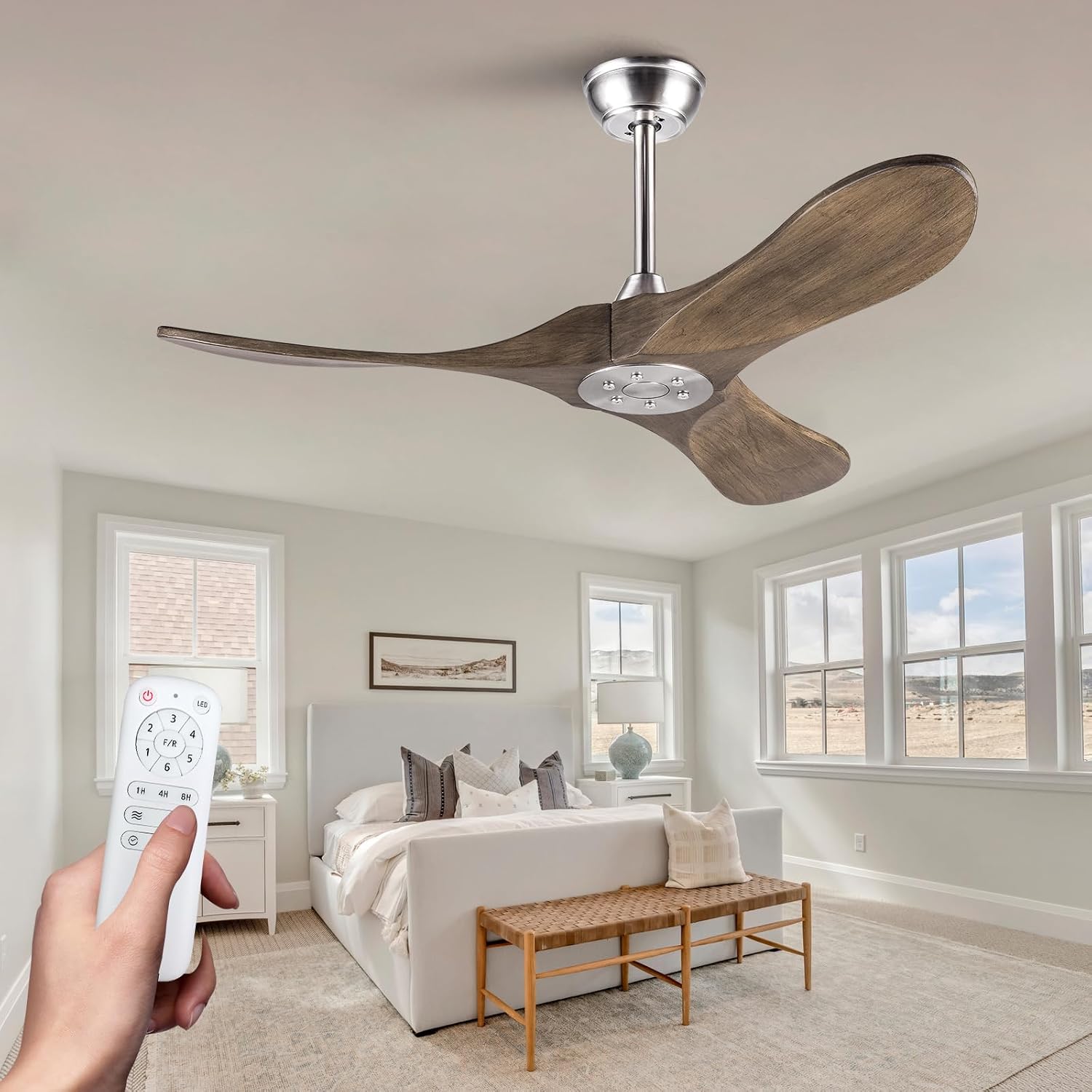 42 Inch Solid Wood Ceiling Fan with Remote,Outdoor Ceiling Fan no Light,6 Speeds,Noiseless,Reversible DC Motor,Modern Ceiling Fans without Lights for Bedroom Farmhouse Patios Study Brushed Nickel