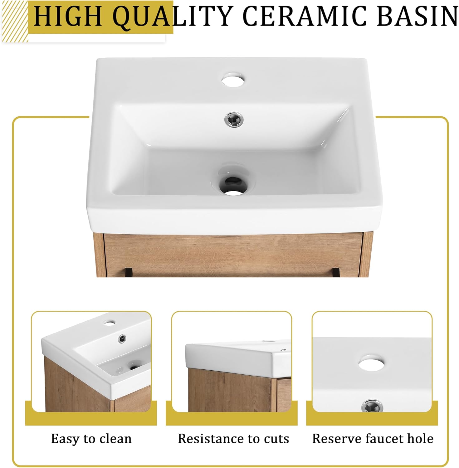 Glemab 17.31' Floating Wall-Mounted Bathroom Vanity, Bathroom Vanity with Ceramic Sink, Soft-Close Cabinet Door, Wall-Mounted Storage Cabinet with Ceramic Sink, Oak