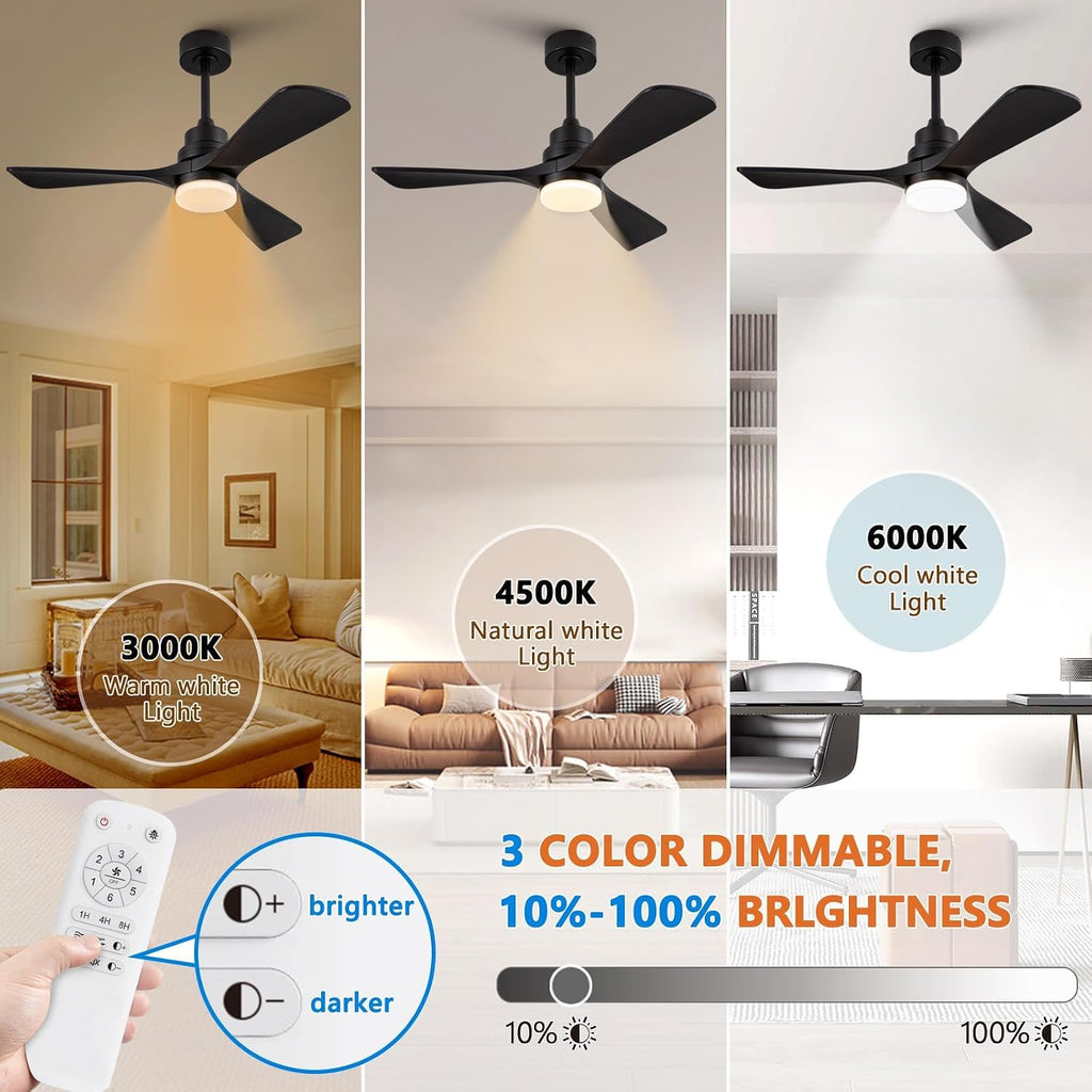 42 Inch Black Ceiling Fans with Lights and Remote Control,Dimmable LED Light,3 Wood Blades,Memory Function,Reversible DC Motor,Modern Indoor Outdoor Ceiling Fan for Patios Bedroom