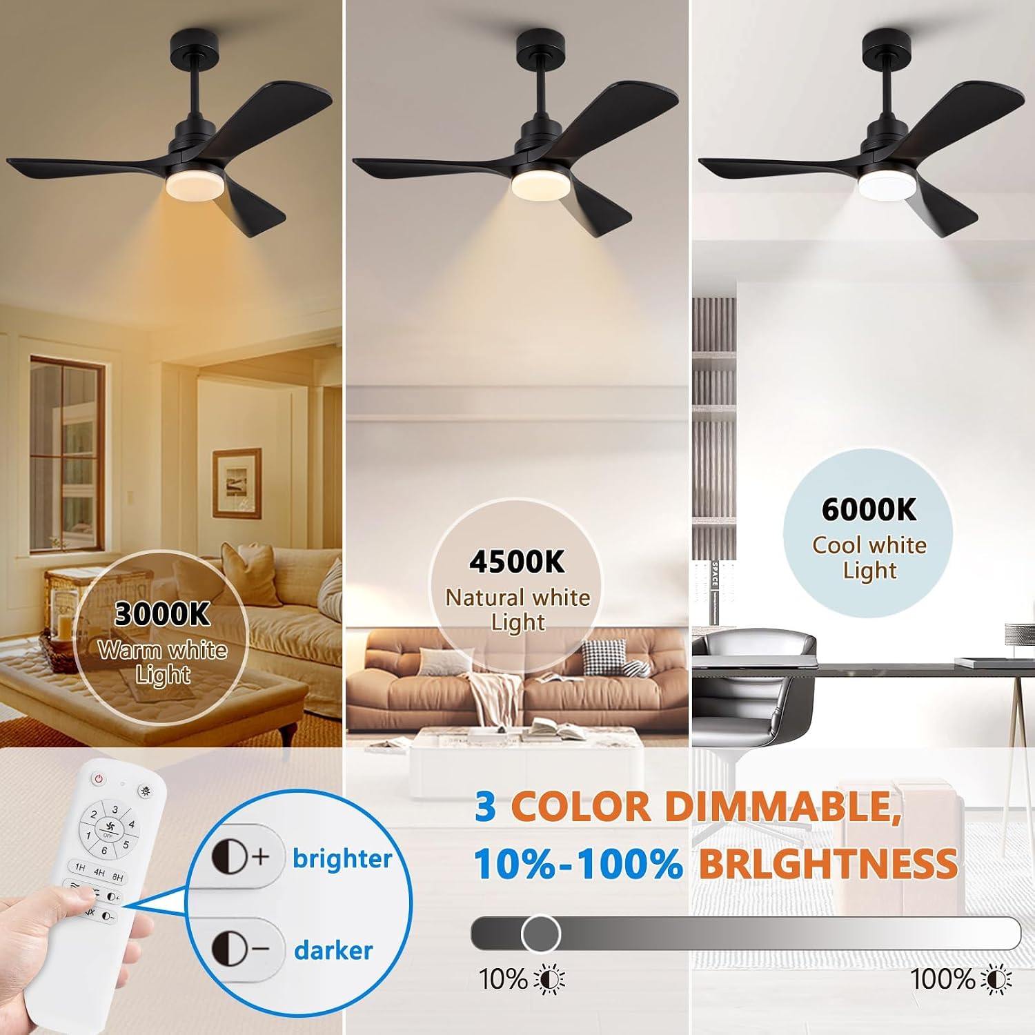 42 Inch Black Ceiling Fans with Lights and Remote Control,Dimmable LED Light,3 Wood Blades,Memory Function,Reversible DC Motor,Modern Indoor Outdoor Ceiling Fan for Patios Bedroom