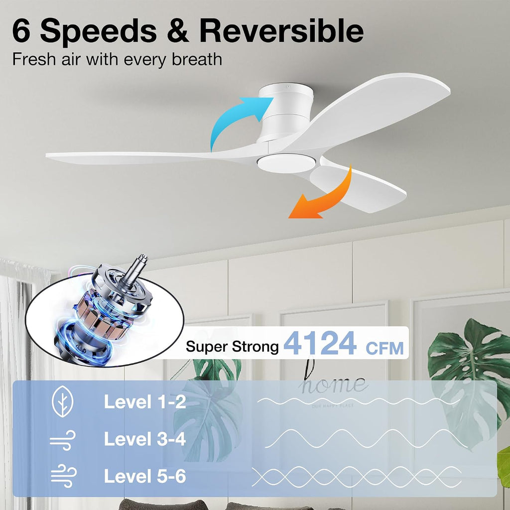 52 Inch Wood Ceiling Fans with Lights Remote,Low Profile Flush Mount Ceiling Fan with Light,Outdoor Indoor Modern Ceiling fan for Bedroom Living room Patio,White,3 Blades,Dimmable,6 Speed,Noiseless