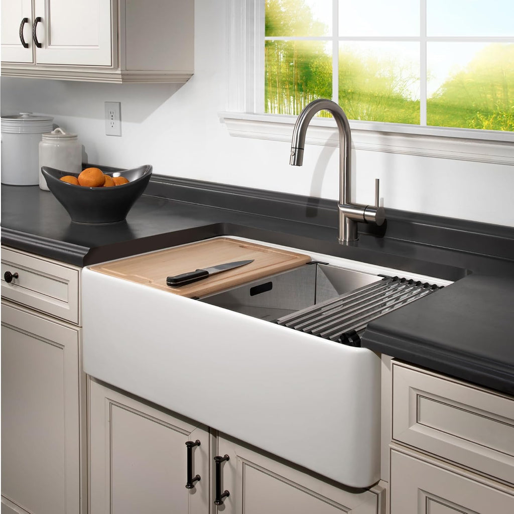 Houzer Aspire 33 inch Matte White Fireclay Farmhouse Apron Front Single Bowl Workstation Sink with Accessories - PTW-3320S MWH