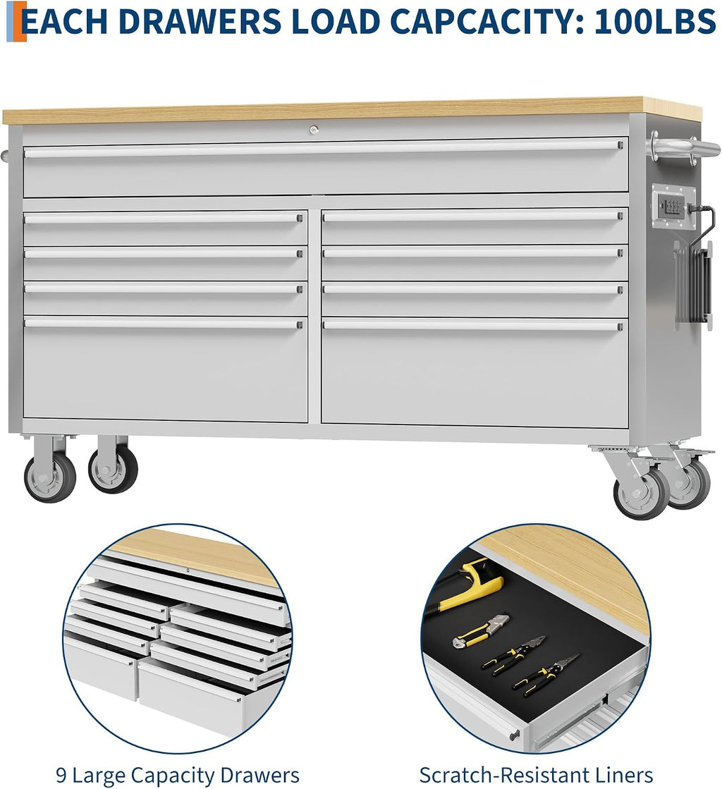 GarveeLife 61-Inch Rolling Tool Chest with 9 Drawers Garage Workbench, Solid Rubberwood Top, Storage Cabinet with Wheel Lock and Key Lock for Workshop, Garage, Kitchen and Home