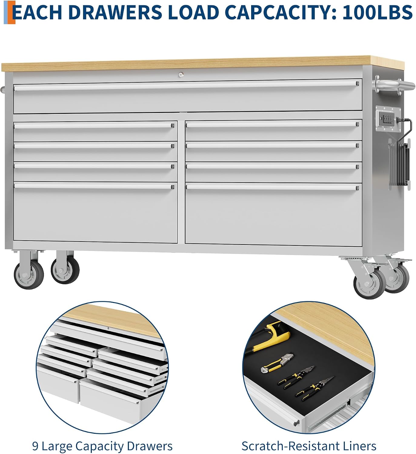 GarveeLife 61-Inch Rolling Tool Chest with 9 Drawers Garage Workbench, Solid Rubberwood Top, Storage Cabinet with Wheel Lock and Key Lock for Workshop, Garage, Kitchen and Home