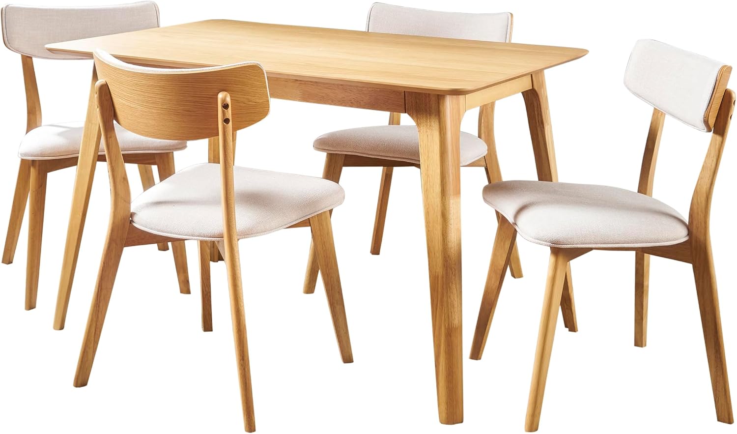 Christopher Knight Home Megann Mid-Century Wood Dining Set with Fabric Chairs, 5-Pcs Set, Natural Oak / Light Beige