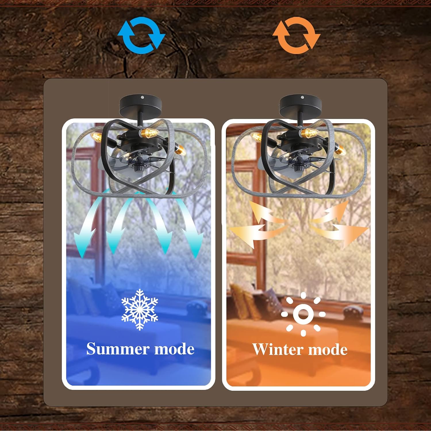 Chandelier,Retro Ceiling Fans with Lights and Remote Metal Cage Fan Chandeliers Ceiling Light Quiet DC Reversible 6 Speed Industrial Ceiling Fan with Lighting Winter Summer Pattern