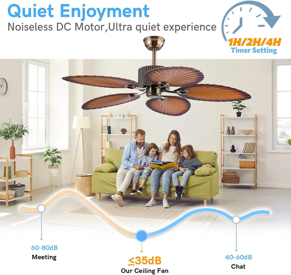 52inch Ceiling Fan Palm Island 5 Palm Leaf Blades No Light Remote Control Timer 6 Speeds Quiet DC Ceiling Fans Tropical Style Ceiling Fans Indoor Outdoor (Bronze+Coffee)
