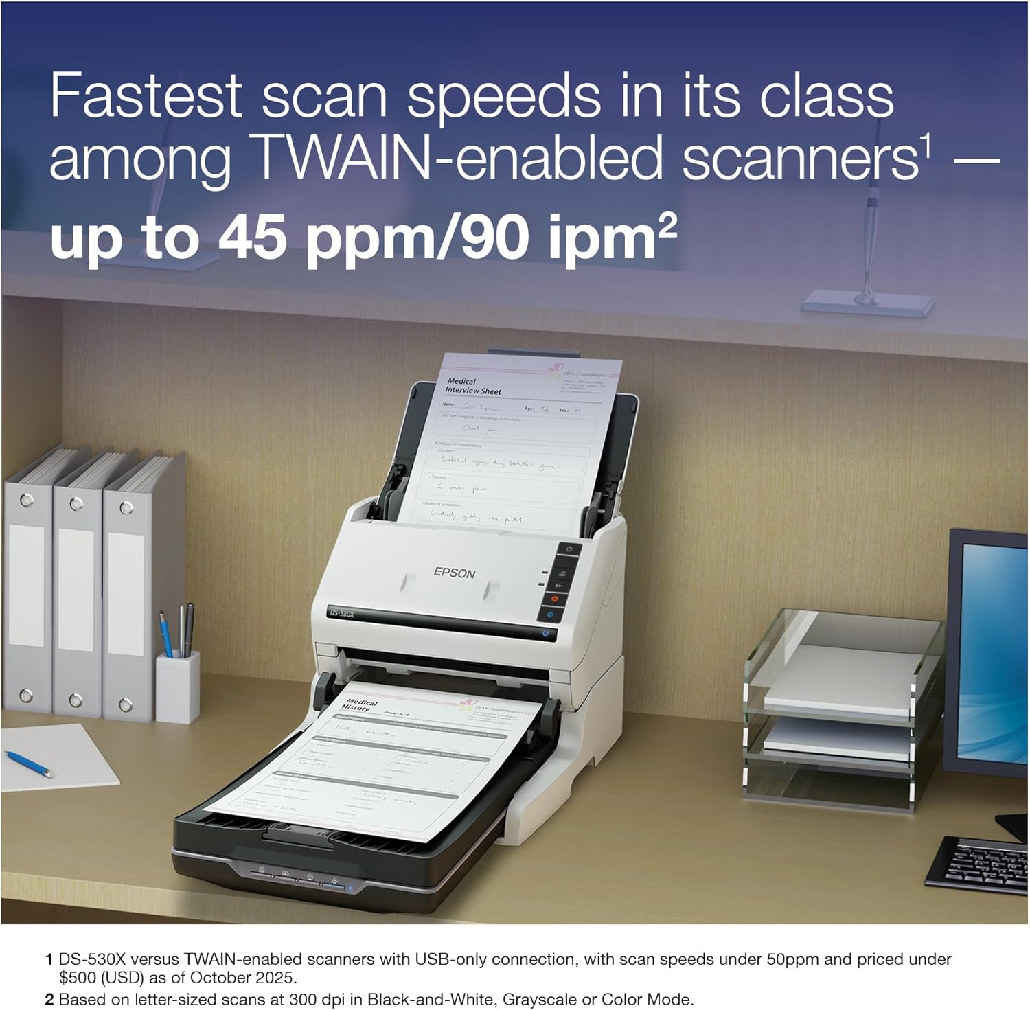 Epson DS-530X Color Duplex Desktop Document Scanner, up to 45 ppm, USB Connectivity, 100-Page Auto Document Feeder (ADF), Twain and ISIS Drivers