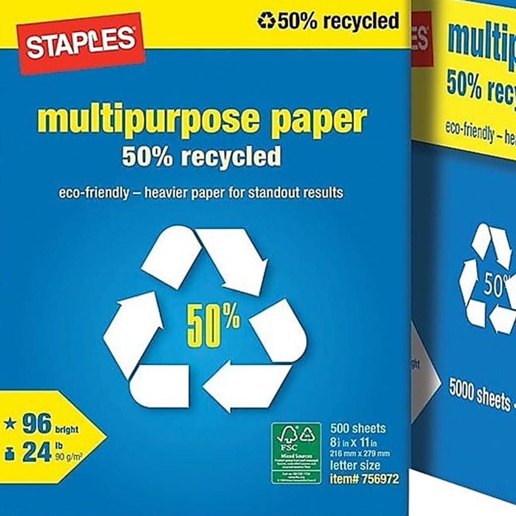 Staples 50% Recycled 8.5-Inch x 11-Inch Multipurpose Paper 24 lbs 96 Bright, 10 RM/CT, For Office, School & Home