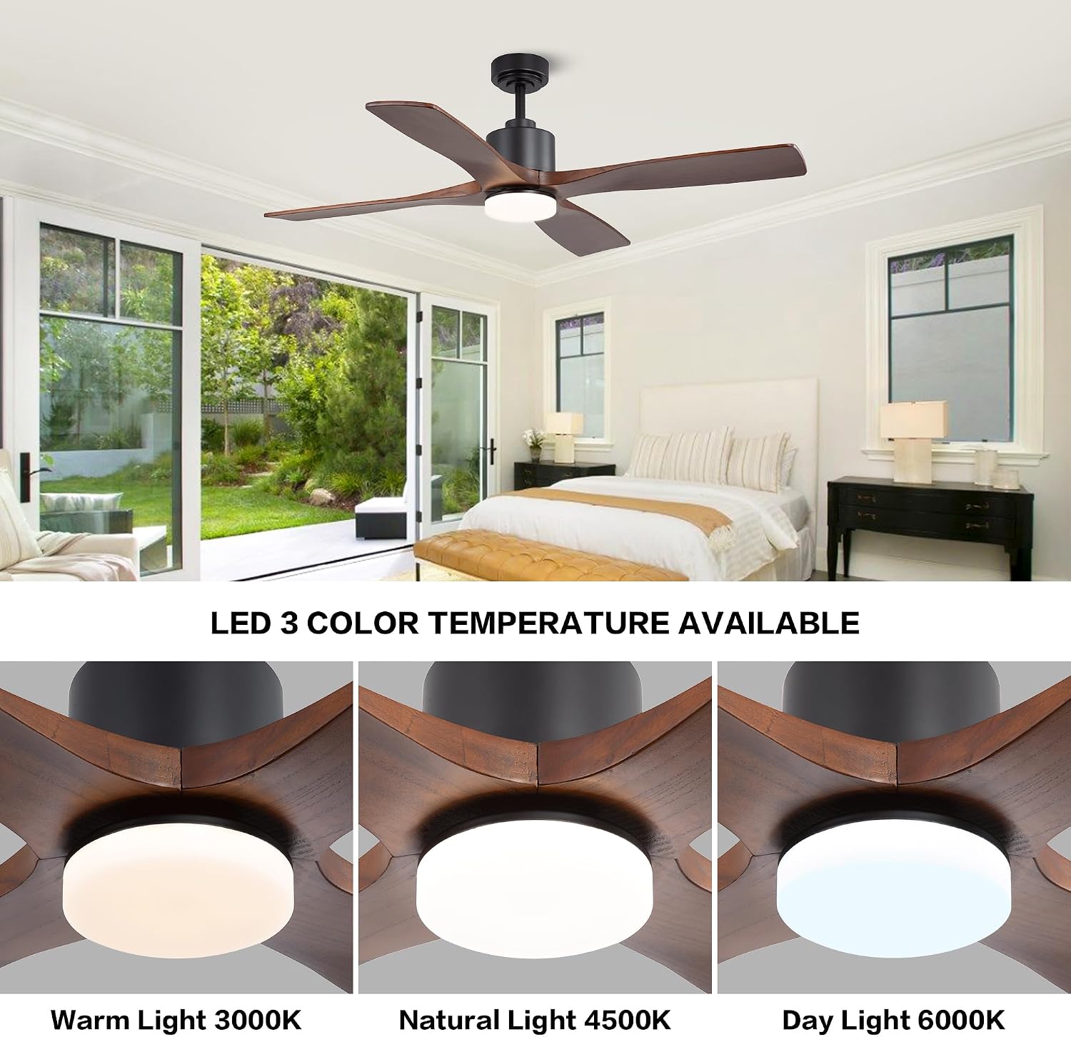 WINGBO 54 Inch DC Ceiling Fan with Lights and Remote Control, 4 Carved Solid Wood Blades, 6-Speed Noiseless Reversible DC Motor, Modern Ceiling Fan in Black Finish with Walnut Blades
