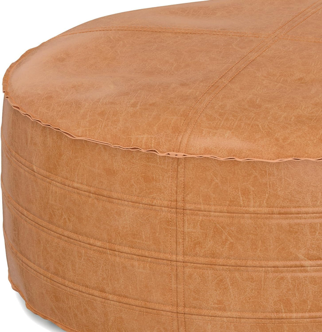 SIMPLIHOME Brody Round Coffee Table Pouf - 32 inch Wide Upholstered Vegan Leather Ottoman in Distressed Brown, Boho Footstool or Extra Seating for Living Room with Polystyrene Filling, Assembled