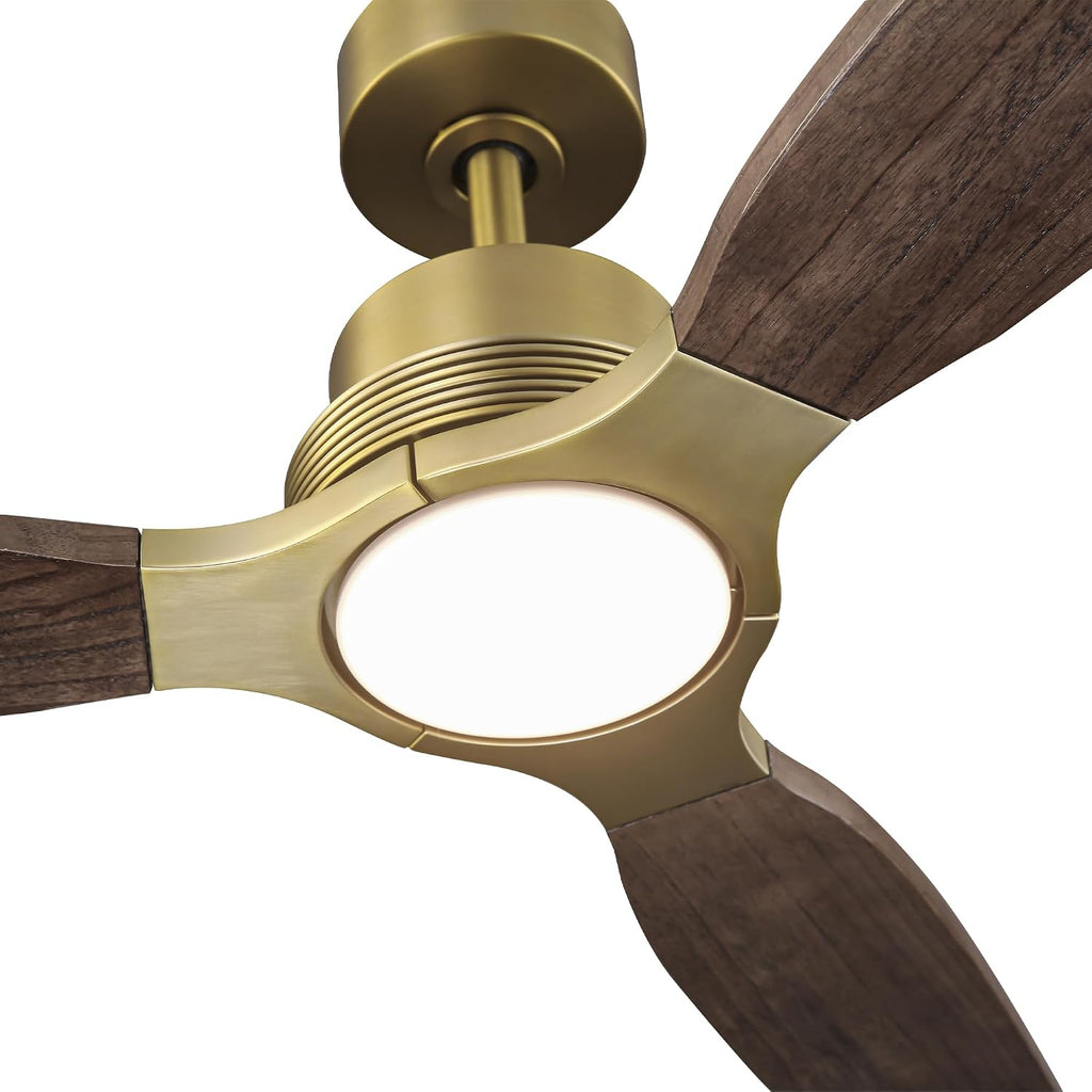 56 Inch Wood Ceiling Fan with Lights and Remote, Gold Brass Farmhouse Ceiling Fan, 3 Wood Blades, Dimmable LED, Quiet DC Motor, Reversible, Rustic Ceiling Fan for Living Room Bedroom