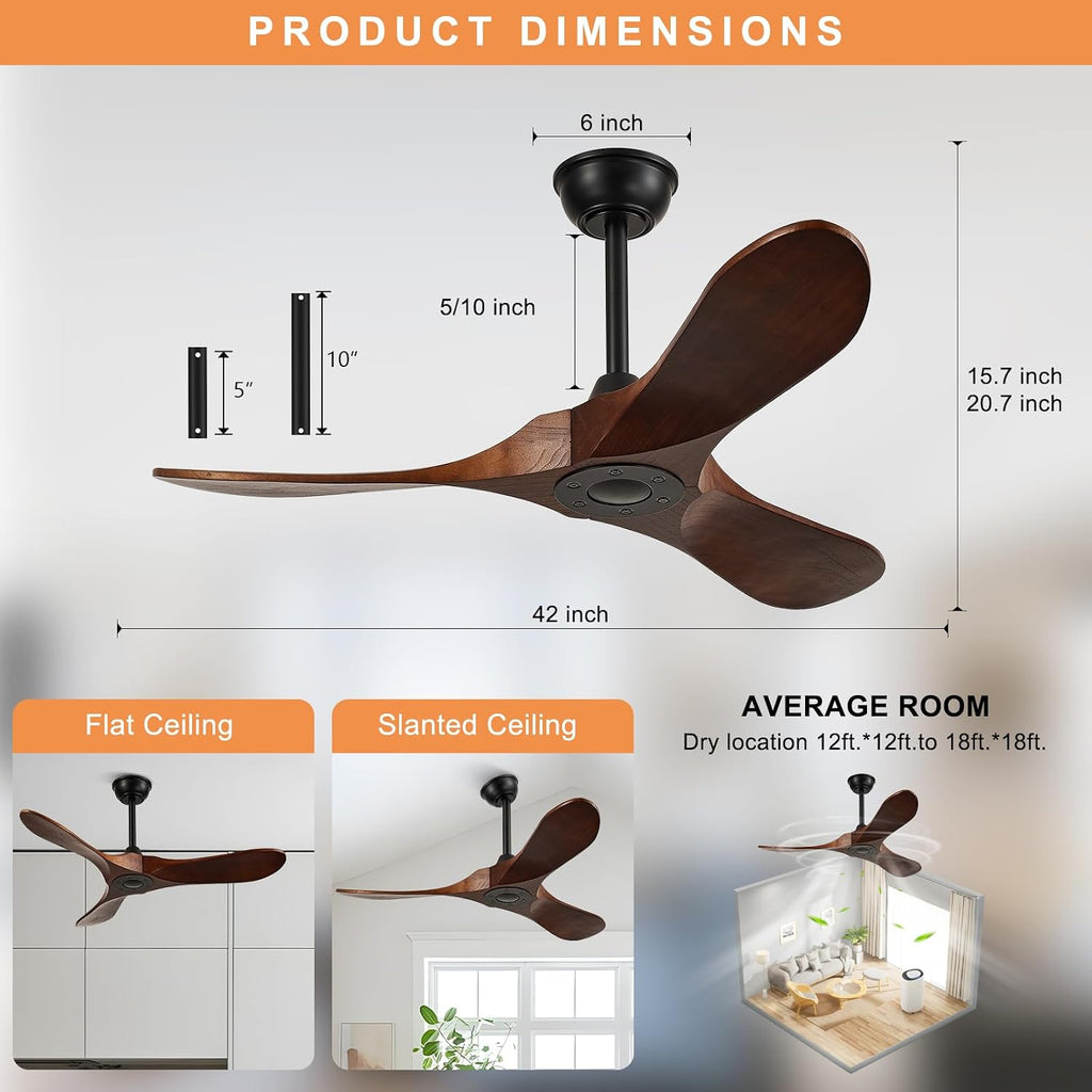 42-Inch Wood Ceiling Fan without Light,Quiet and Large Airflow,Speed Memory,2 Down Rods,Small Ceiling Fan for Bedroom,Patios,Garage (Dark Walnut, 42 inch)