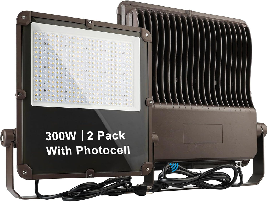 300W LED Flood Light Outdoor 45000Lm Led Stadium Light with Dusk to Dawn photocell, IP65 AC100-277V Commercial Area Lighting with Plug for Backyard/Basketball Court-2Pack