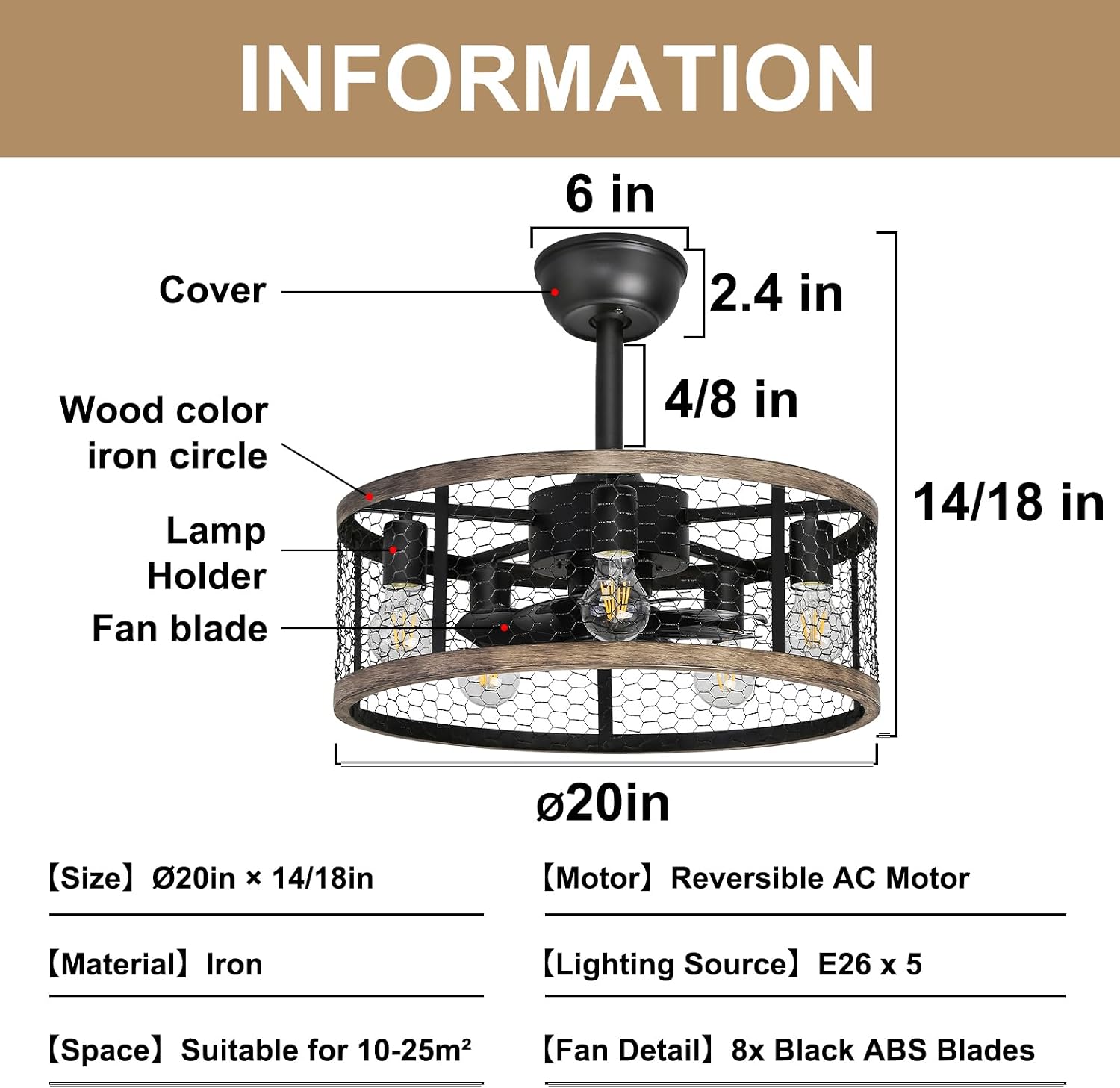 Ohniyou 20'' Caged Rustic Farmhouse Ceiling Fan with Lights Remote Control, Reversible Motor, 6 Speeds Ceiling Fan Light Fixture for Dining Room Bedroom
