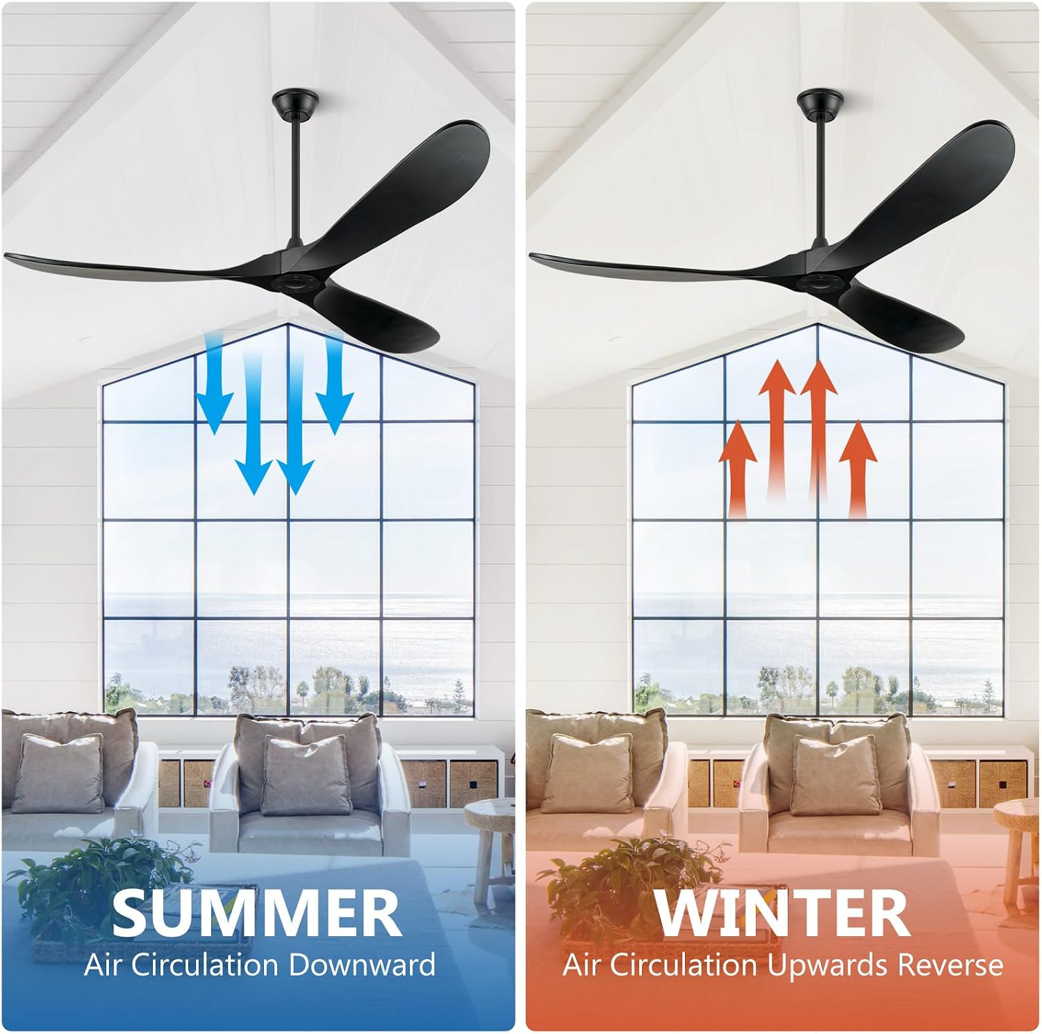 ABZ 72 Inch Ceiling Fans without Lights, Large Ceiling Fans no Lights with Remote Control, 3 Blade Solid Wood Indoor Black Outdoor Ceiling Fan for Patios Living Room Bedroom