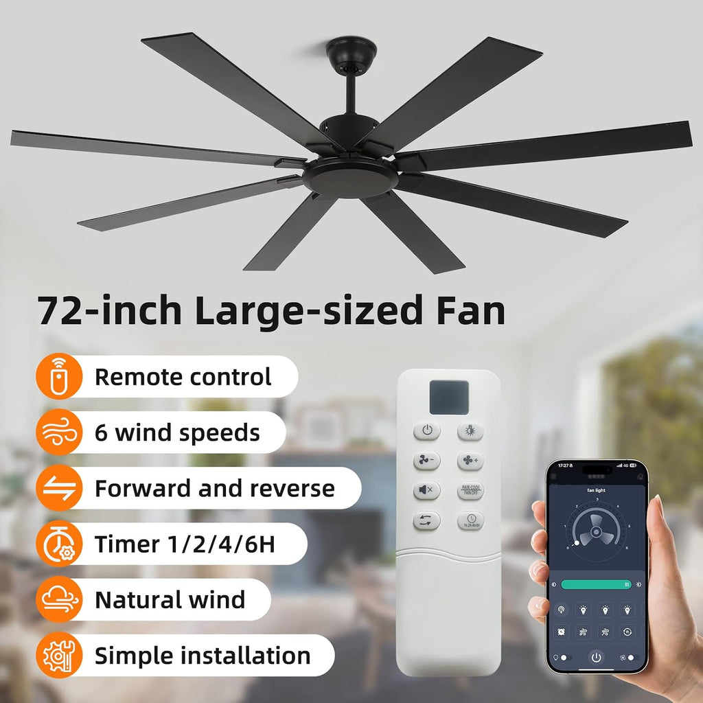 72 Inch Ceiling Fan no Light, Black Ceiling Fan with Remote, 6-Speeds, Quiet Reversible DC Motor, Industrial Ceiling Fans without Lights for Patios, Living Room, Garage