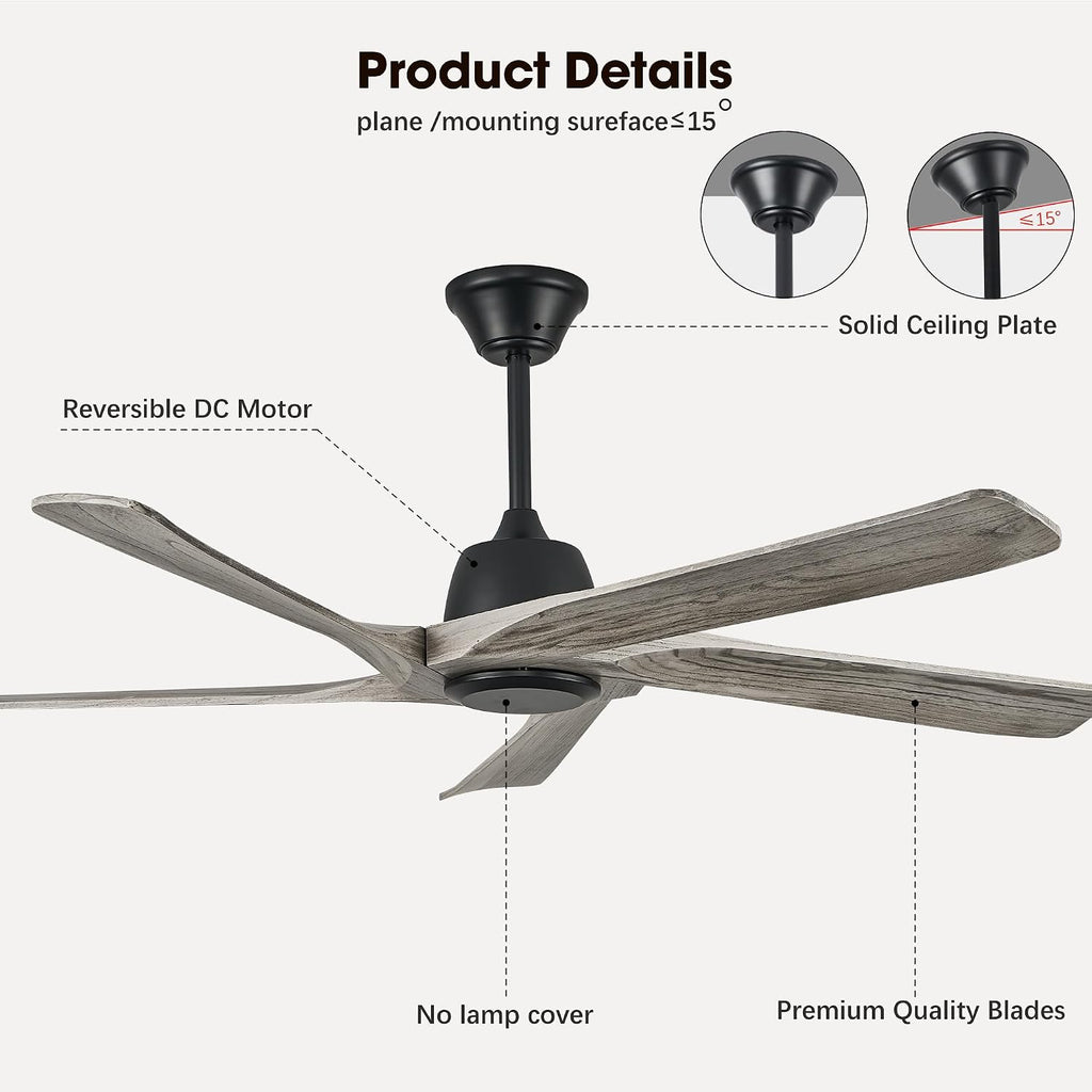 60 Inch Solid Wood Ceiling Fan No Lights, Remote and APP Control, DC Motor, 6-speed Reversible, for Bedroom, Living Room, Office, Outdoor Ceiling Fans, Greywood