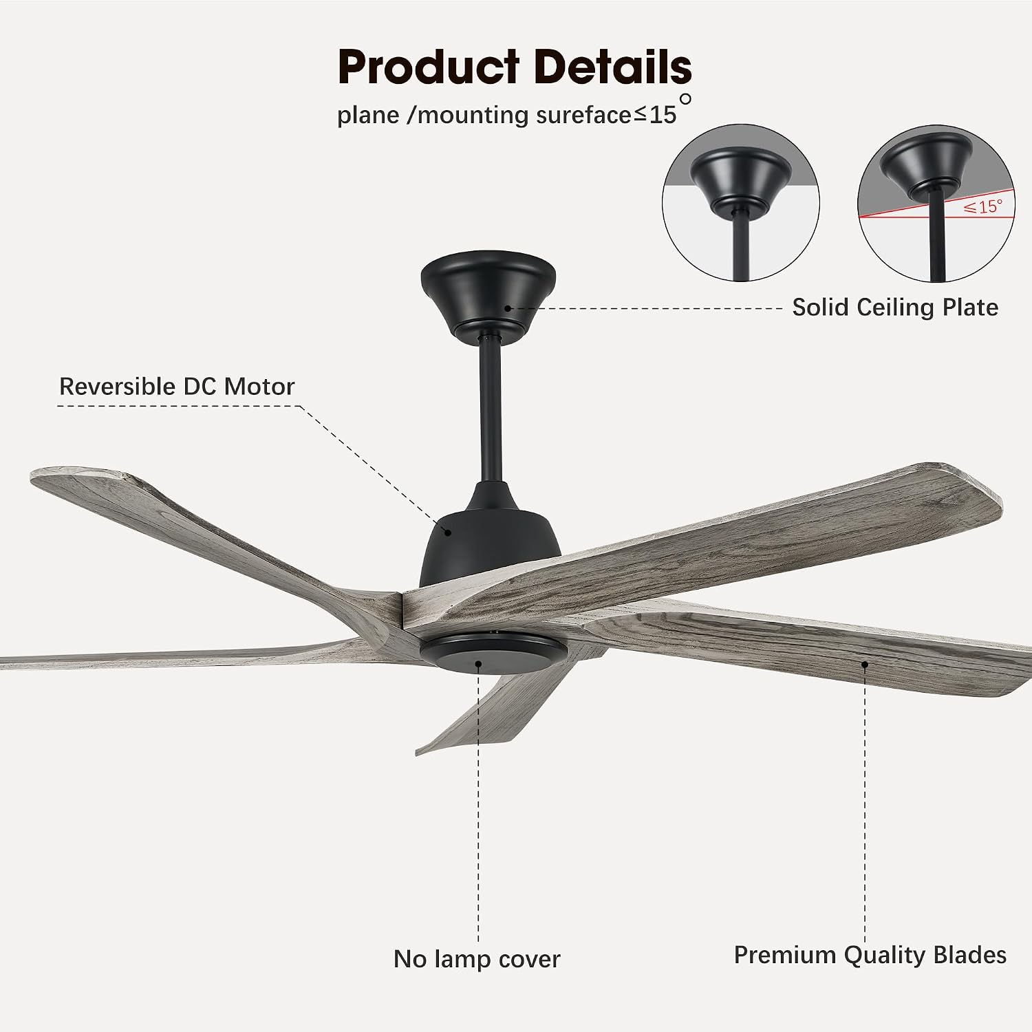 60 Inch Solid Wood Ceiling Fan No Lights, Remote and APP Control, DC Motor, 6-speed Reversible, for Bedroom, Living Room, Office, Outdoor Ceiling Fans, Greywood