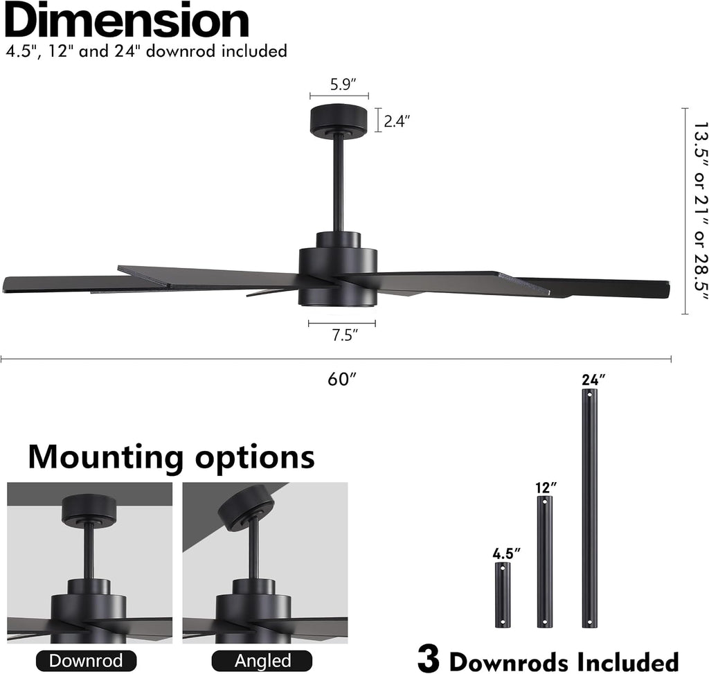 WINGBO 60' Large DC Ceiling Fans without Lights, 3 Downrods, 8 Plywood Blades, 6-Speeds Reversible DC Motor, Indoor Ceiling Fan No Lights for Bedroom Living Room Patio, Black