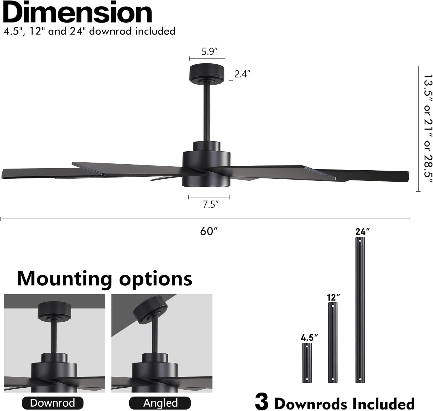WINGBO 60' Large DC Ceiling Fans without Lights, 3 Downrods, 8 Plywood Blades, 6-Speeds Reversible DC Motor, Indoor Ceiling Fan No Lights for Bedroom Living Room Patio, Black