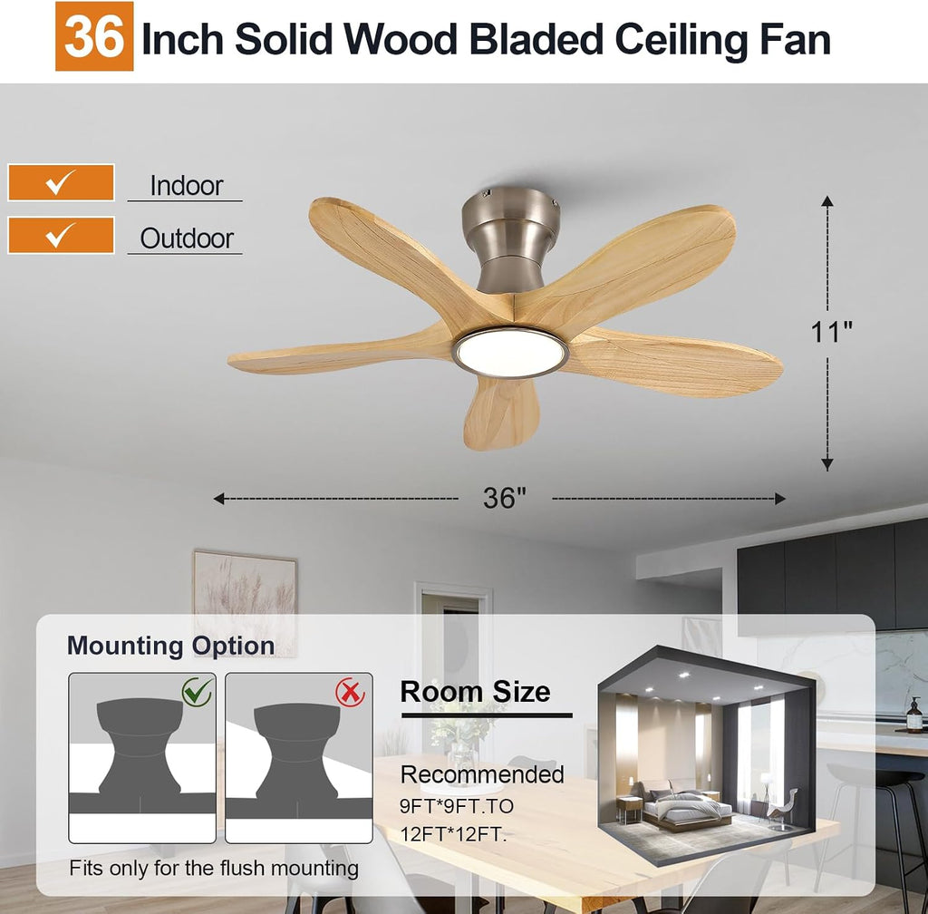 36 Inch Wood Flush Mount Ceiling Fans with Lights and Remote, Dimmable 5 Blade Wood Bedroom Ceiling Fan Outdoor Ceiling Fans for Patios Low Profile Ceiling Fan with Light for Bedroom Indoor