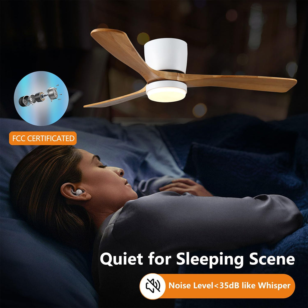 42' Ceiling Fan with Lights, Low Profile Wood Flush Mount Fan with Remote & APP Control, Quiet DC Motor, 6-Speed Reversible, 3CCT Dimmable LED for Bedroom Living Room, White Walnut
