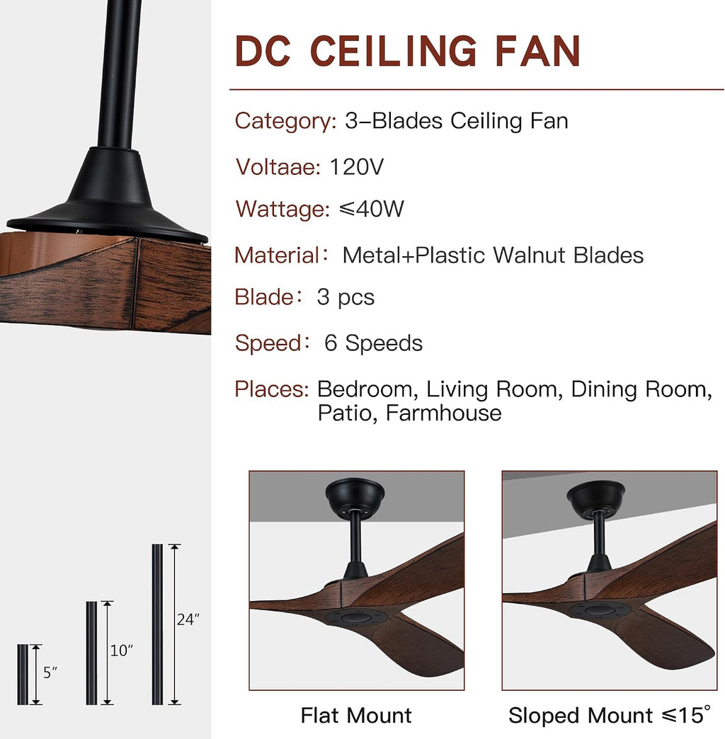 60'' Ceiling Fan with Remote Control, Modern Indoor/Outdoor Ceiling Fans,Quiet and Reversible DC Motor, 3 Plastic Dark Walnut Blades with Strong Wind for Living Room,Patio,Farmhouse,Bedroom