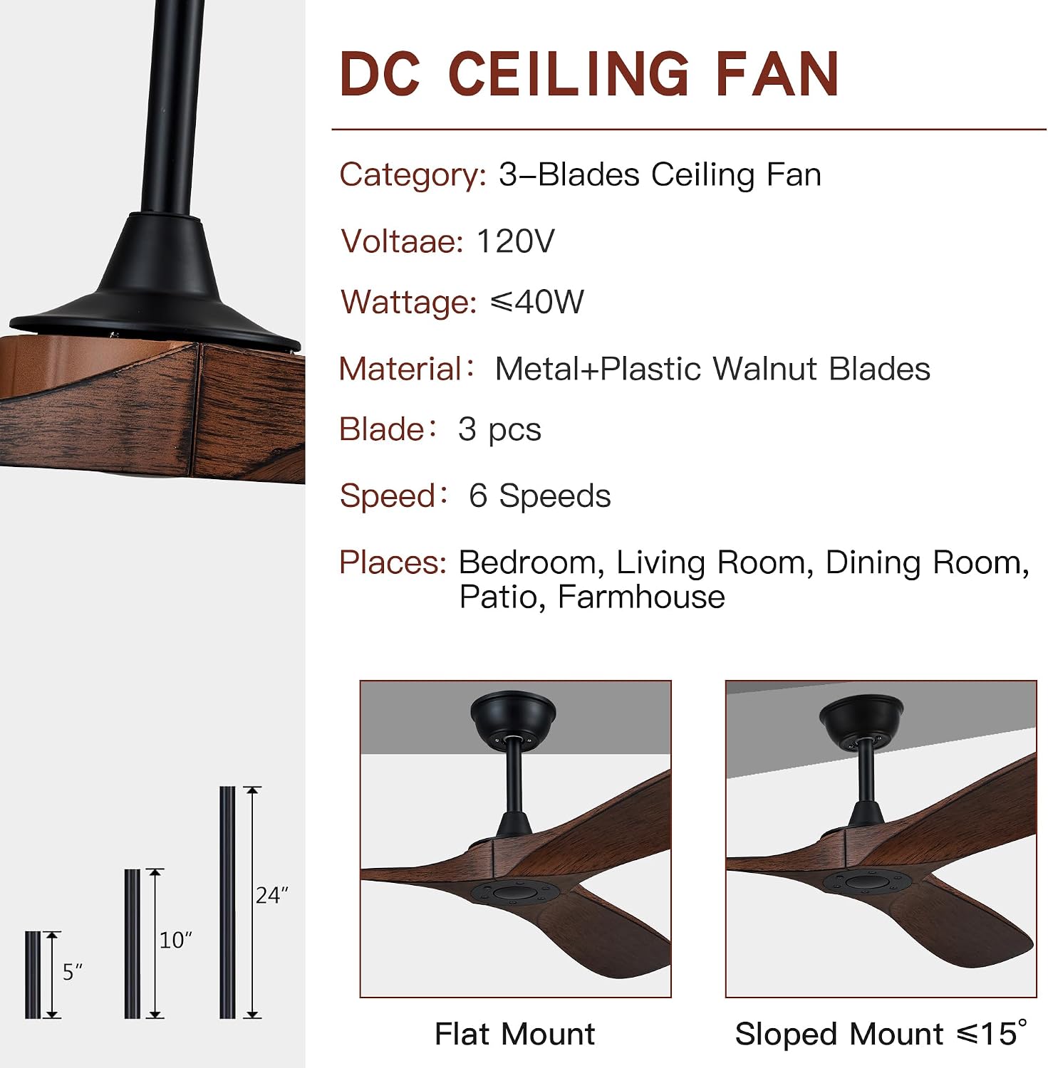 60'' Ceiling Fan with Remote Control, Modern Indoor/Outdoor Ceiling Fans,Quiet and Reversible DC Motor, 3 Plastic Dark Walnut Blades with Strong Wind for Living Room,Patio,Farmhouse,Bedroom