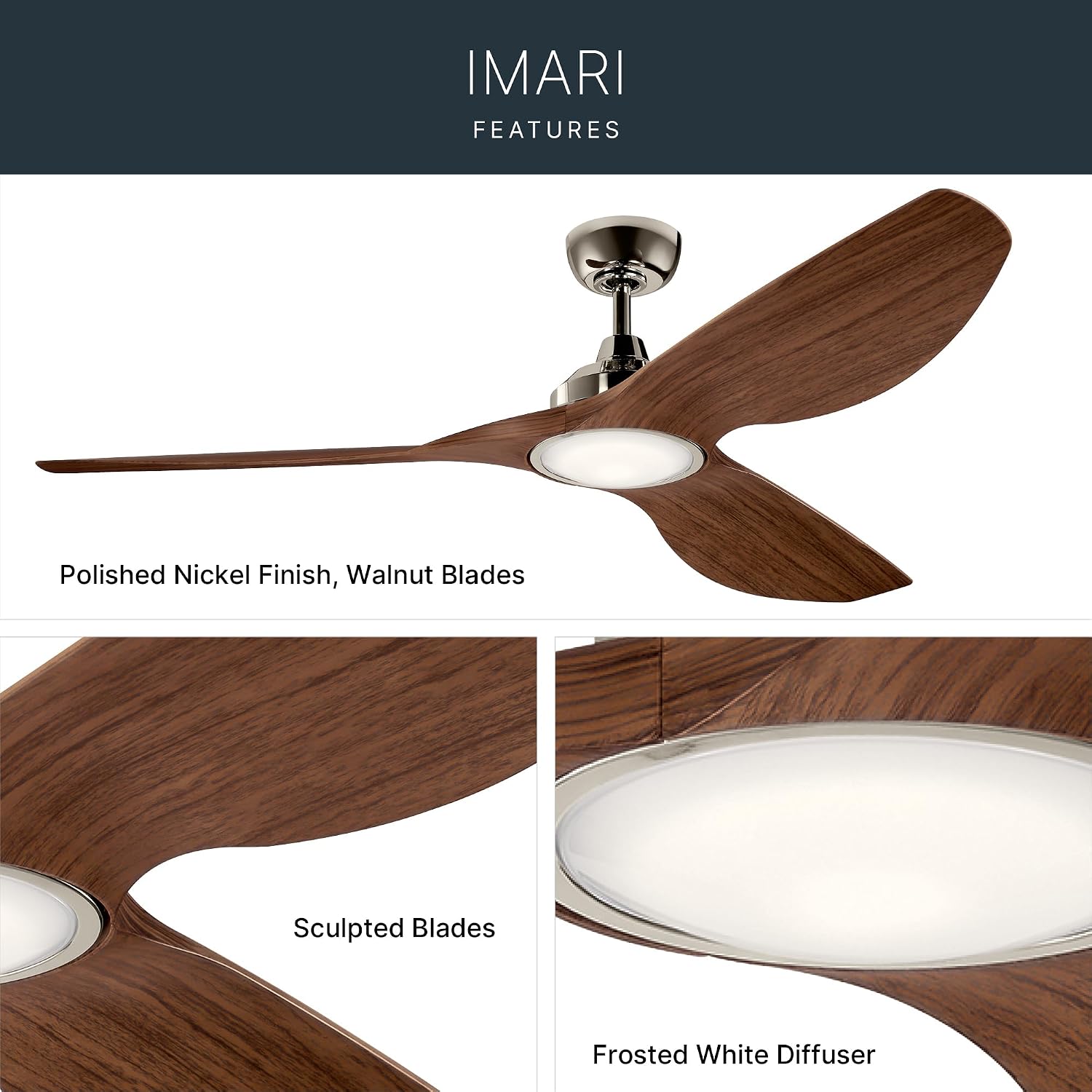 KICHLER 300365PN Protruding Mount, 3 walnut Blades Ceiling fan with 23 watts light, Polished Nickel