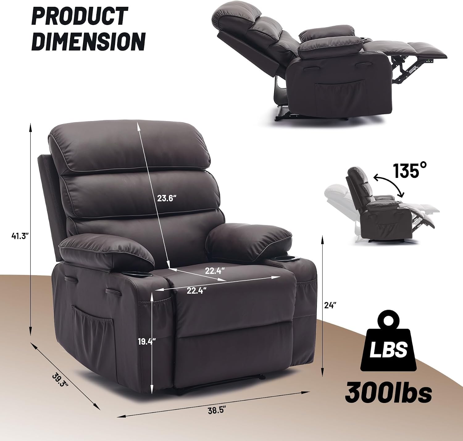 Garvee PU Leather Manual Recliner Chair with Massage and Heat, 27' Extra Wide Seat, 400 lbs Capacity, Thickened Sponge Armrests and Back, Cup Holders & Side Pocket, Living Room or Bedroom, Dark Brown