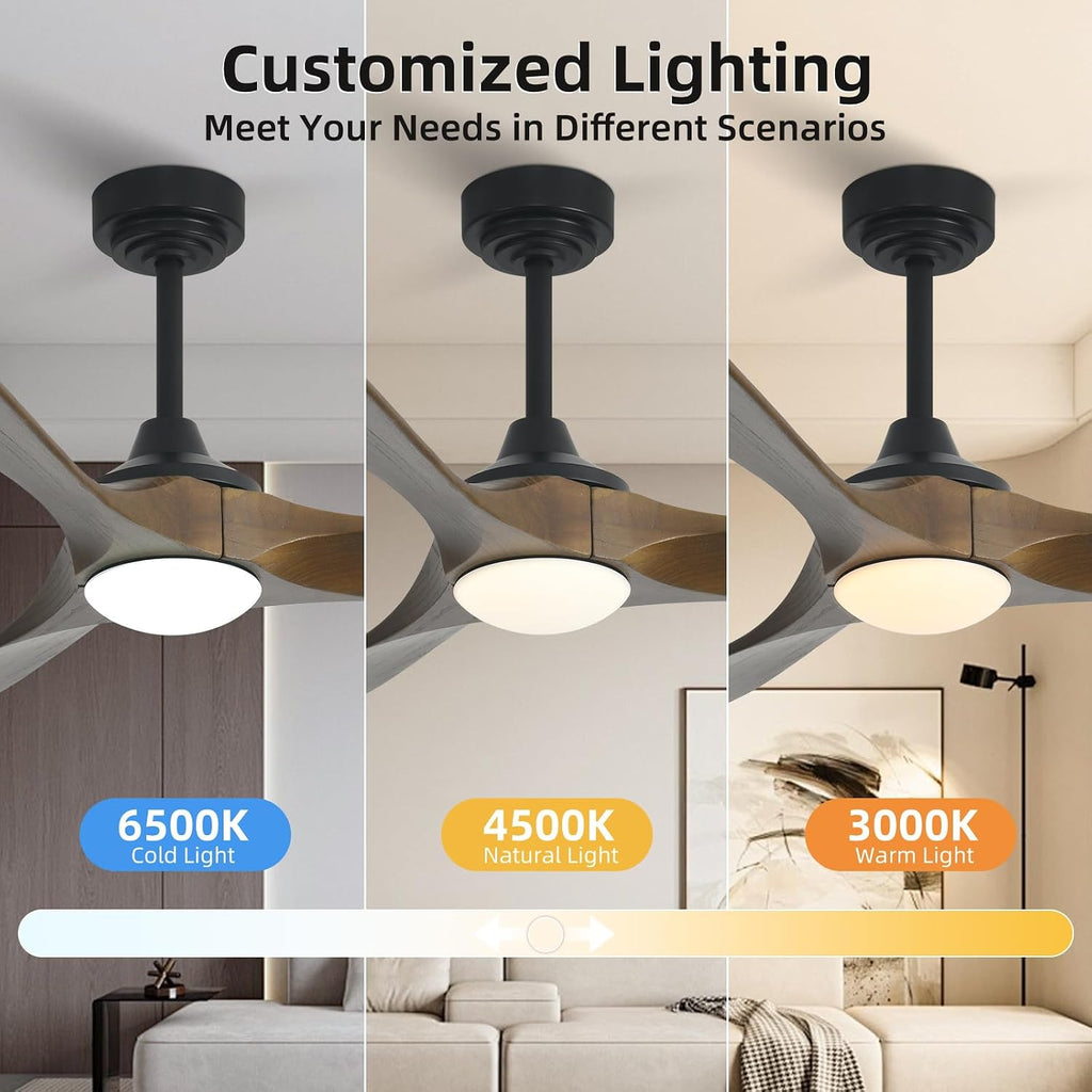 60' Outdoor Ceiling Fan with Light 3 Downrods, Smart Wood Ceiling Fan Compatible with Alexa/Google/App, 3 Blades Modern Walnut Wood Ceiling Fans for Kitchen Living Room Patio,Bronze